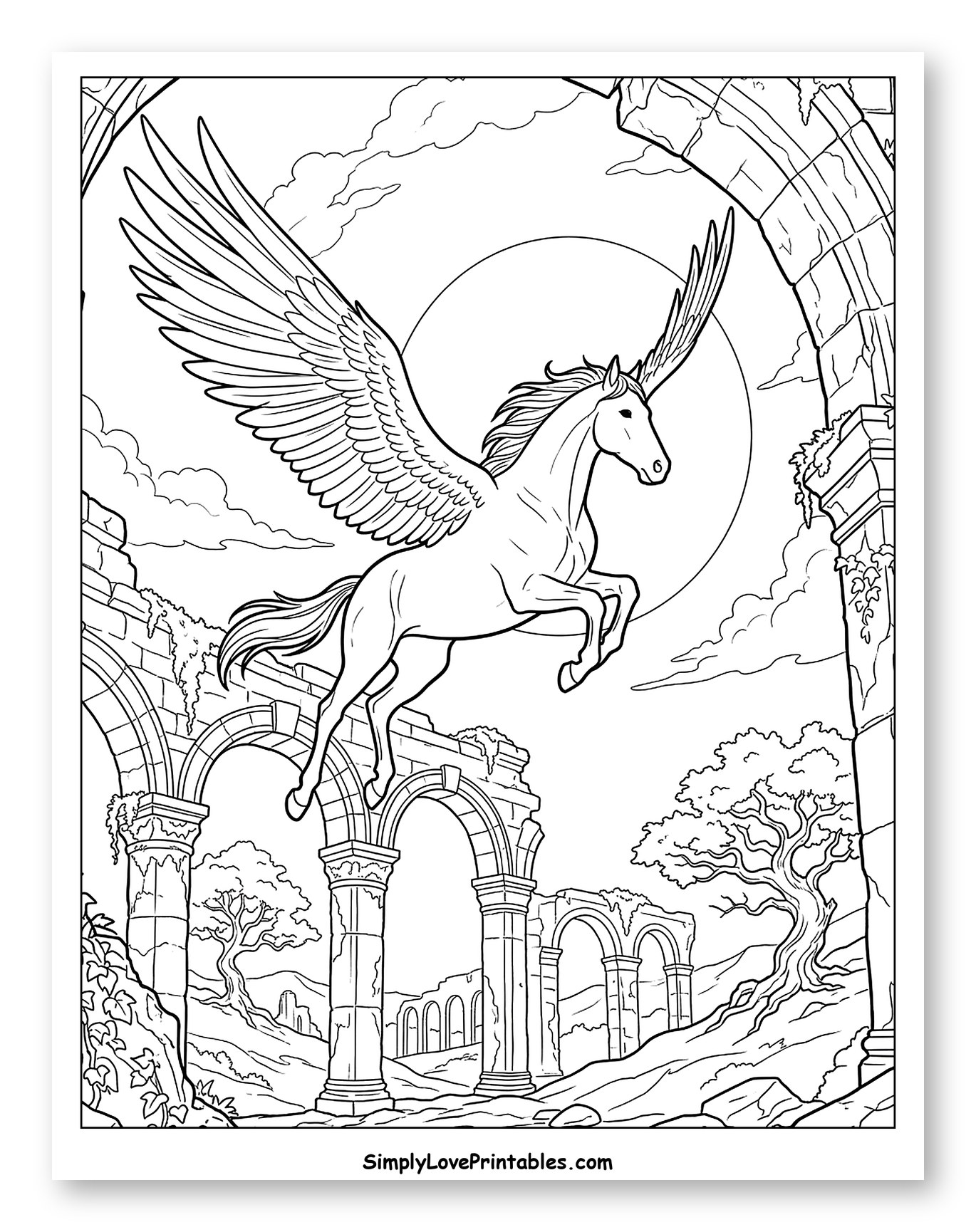 Flying Pegasus Over Ancient Ruins