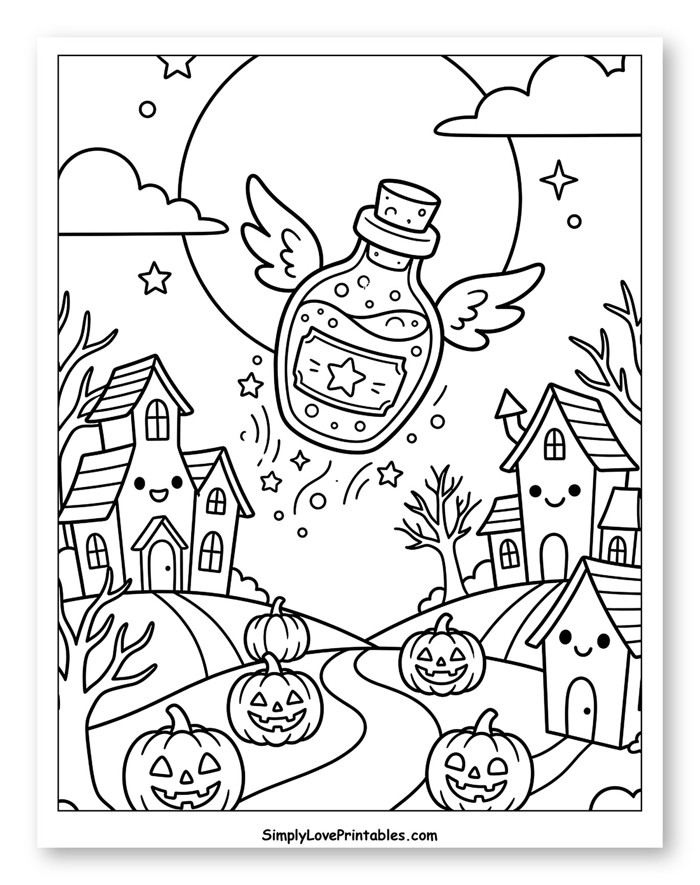 Flying Potion Bottle over Halloween Village Coloring Sheet for Kids