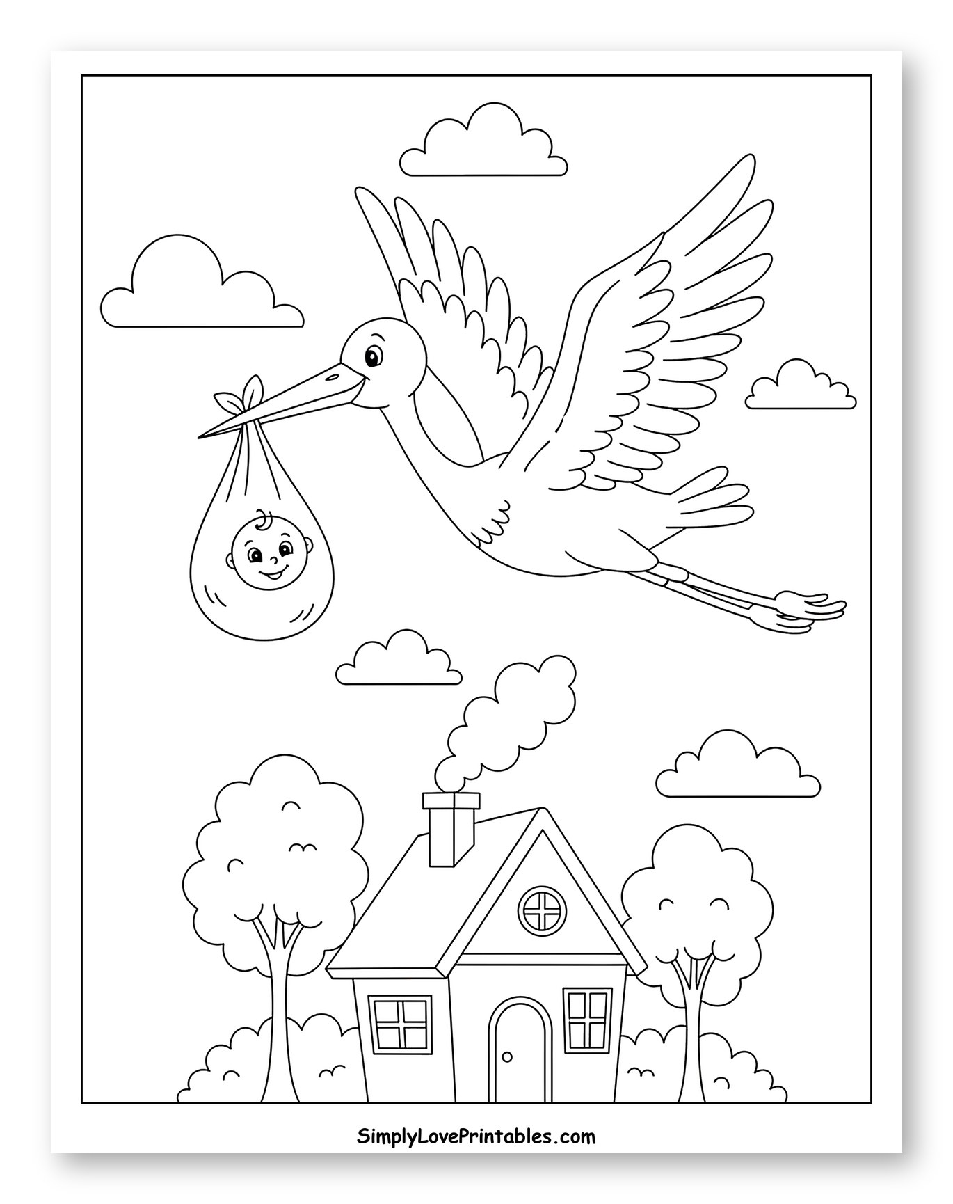 Flying Stork Delivering Baby to a House