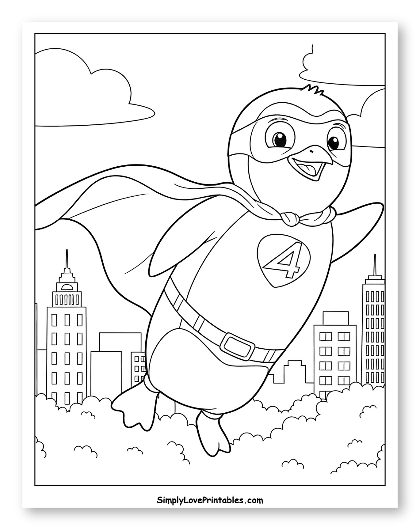 Flying Superhero Penguin Soaring Over City Coloring Sheet for Kids