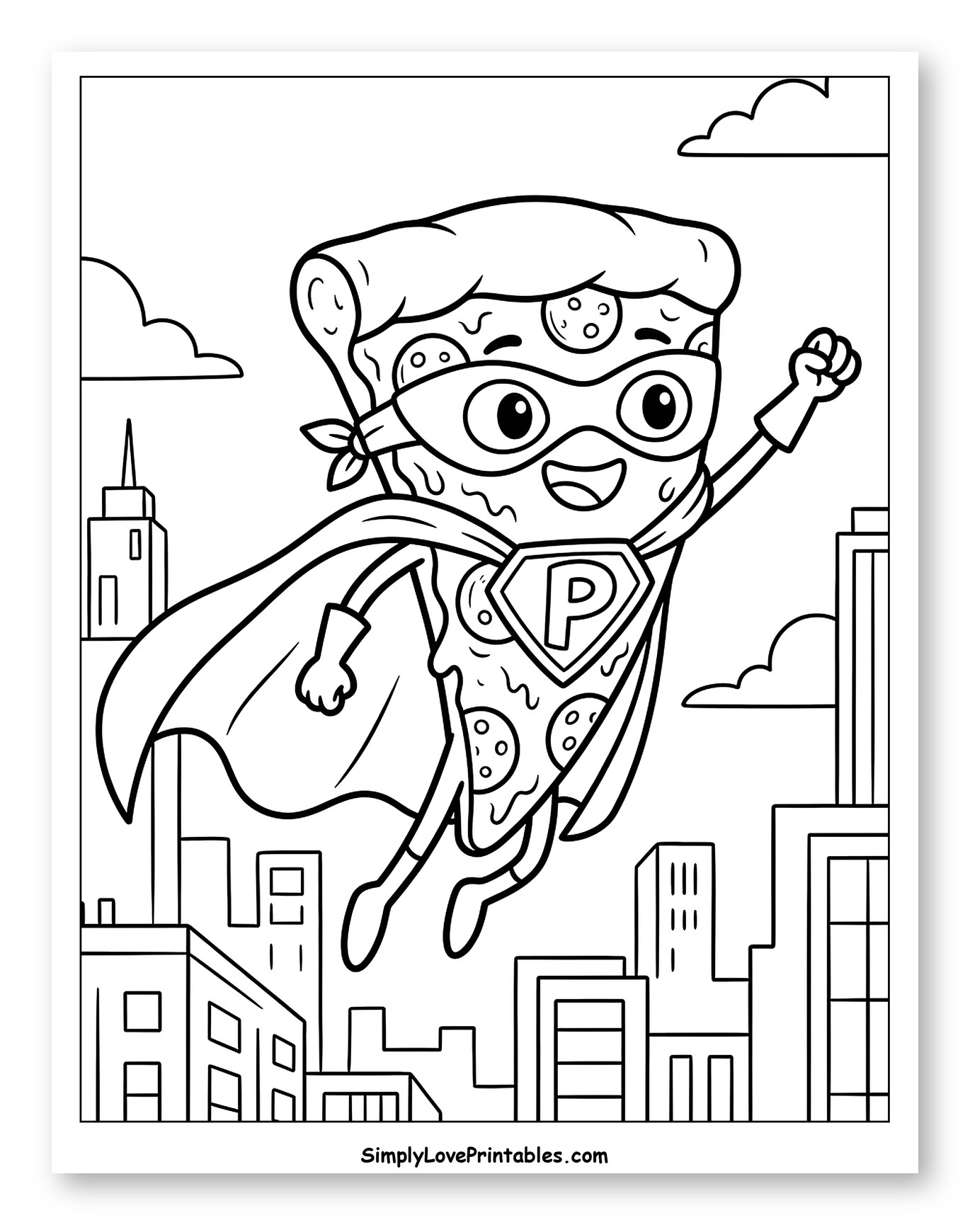 Flying Superhero Pizza Slice Over City