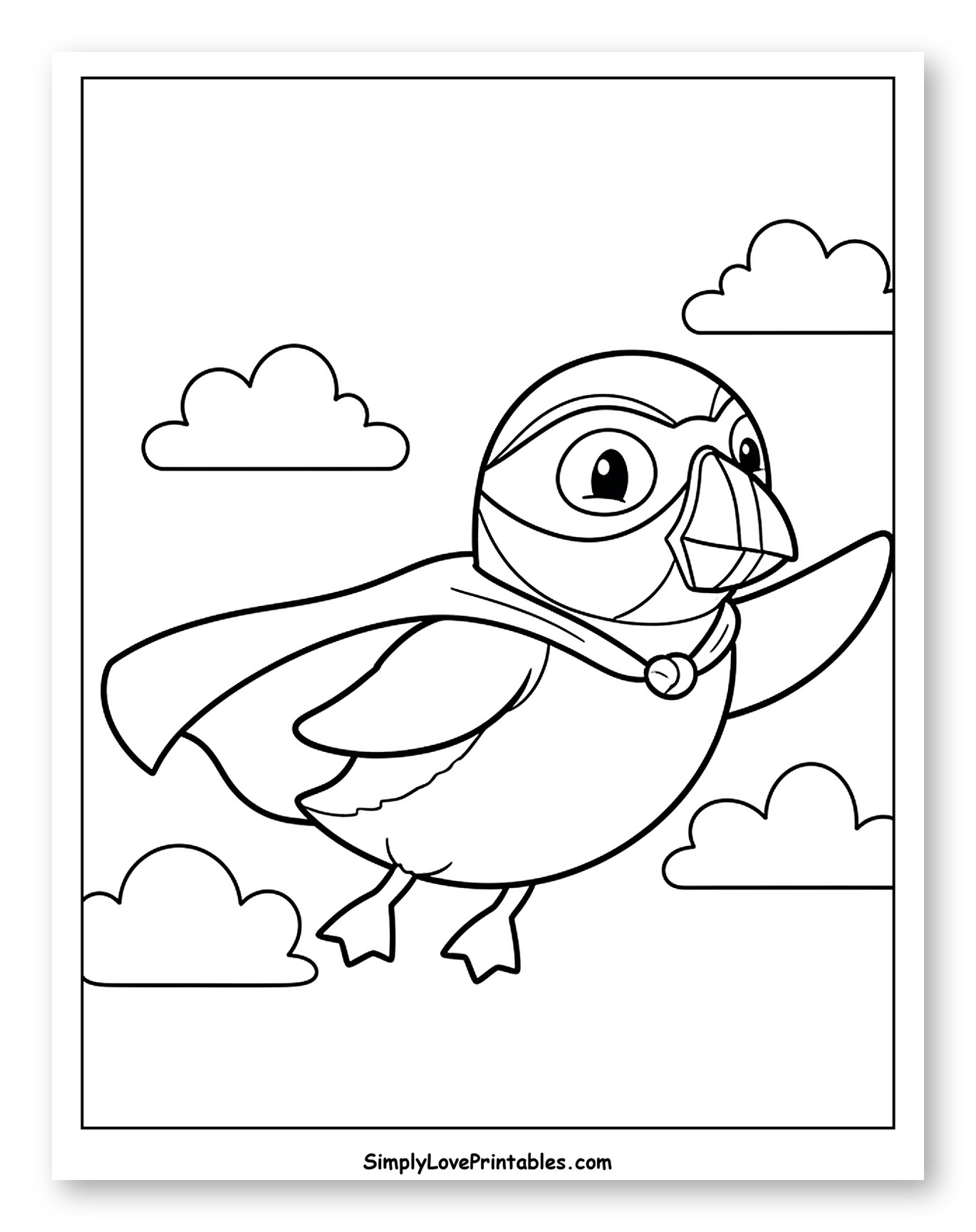 Flying Superhero Puffin Amidst Clouds Coloring Sheet for Kids