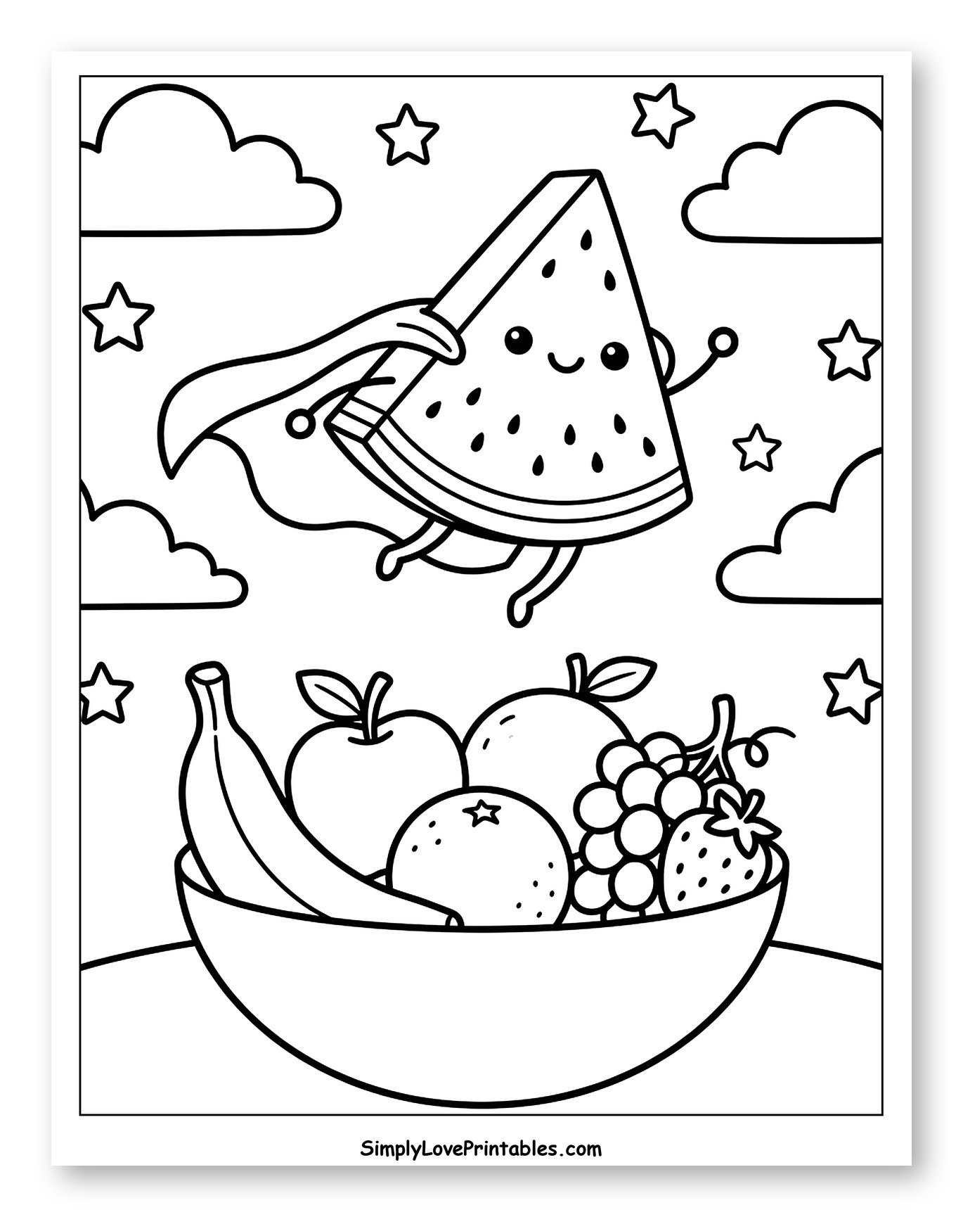 Flying Superhero Watermelon and Fruit Bowl Coloring Sheet for Kids
