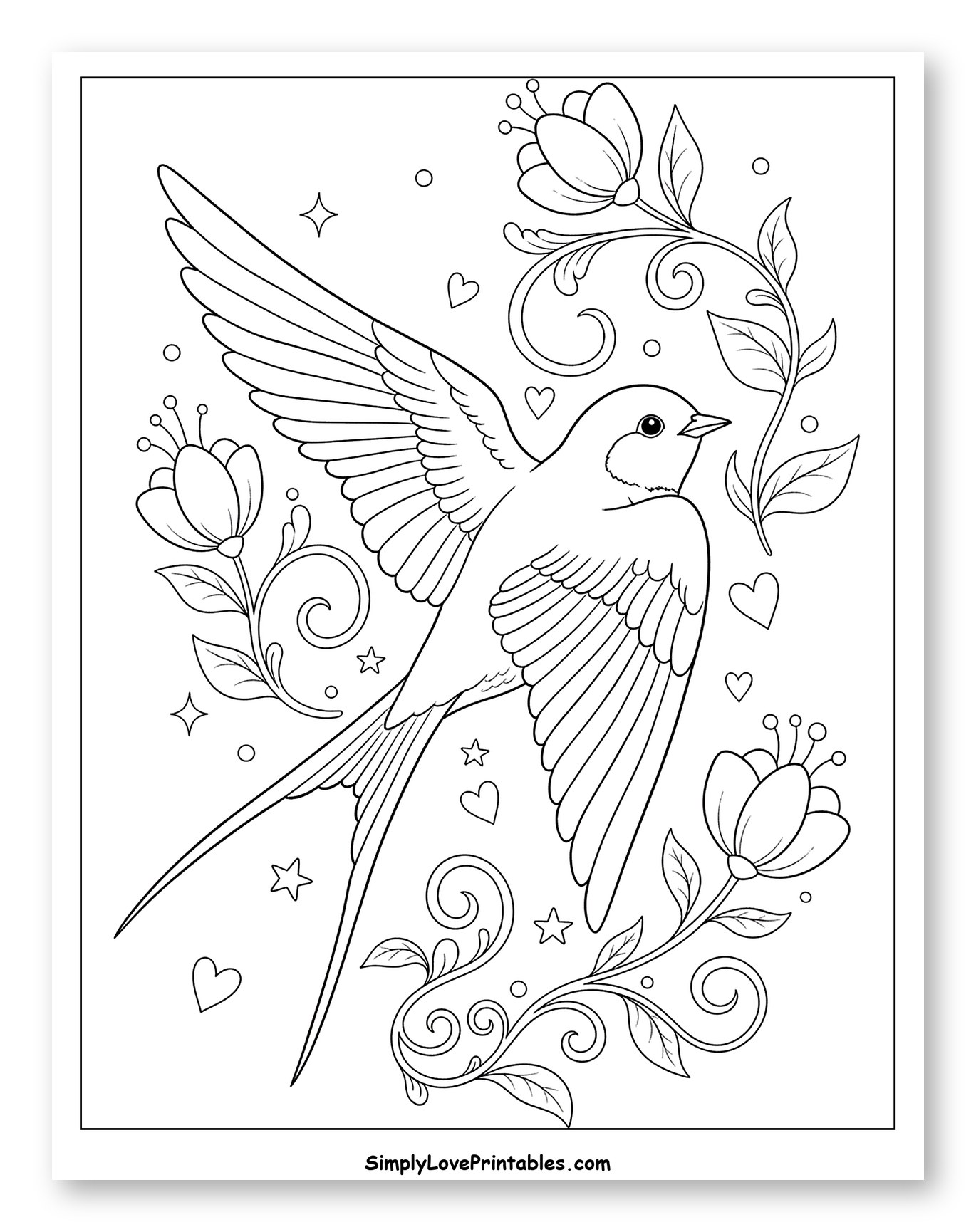 Flying Swallow Among Flowers and Swirls
