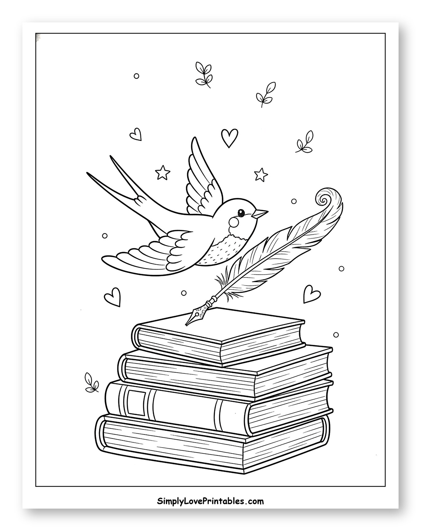 Flying Swallow, Quill Pen, and Stack of Books to Color for Adults