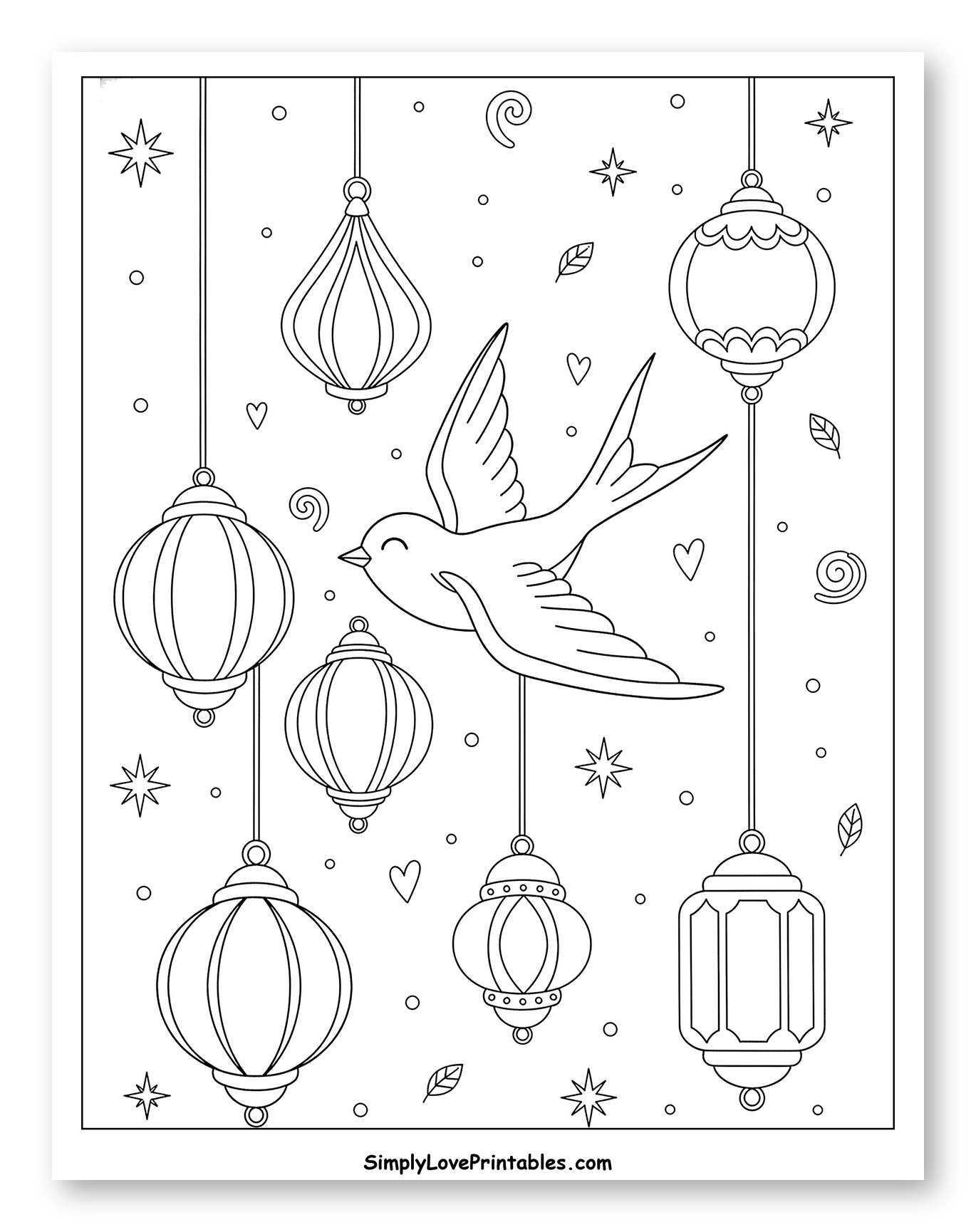 Flying Swallow with Hanging Lanterns and Stars Coloring Sheet for Adults