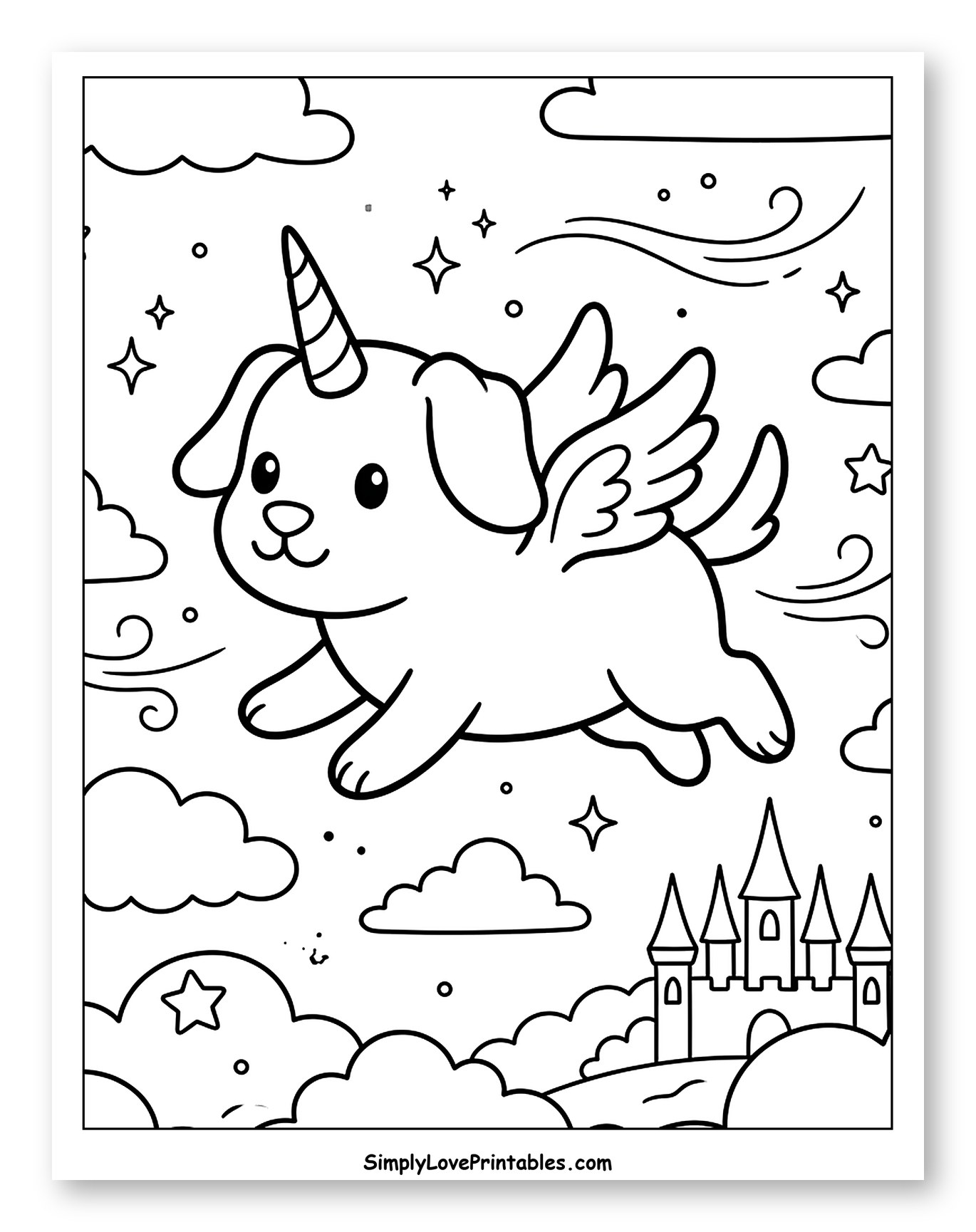 Flying Unicorn Dog with Castle in Clouds
