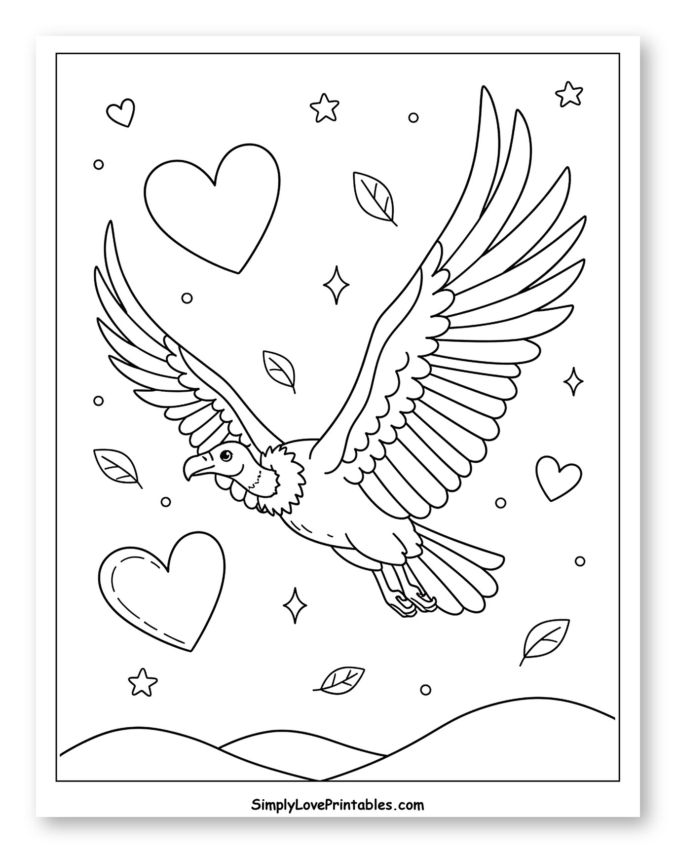 Flying Vulture with Hearts and Stars Coloring Sheet for Adults
