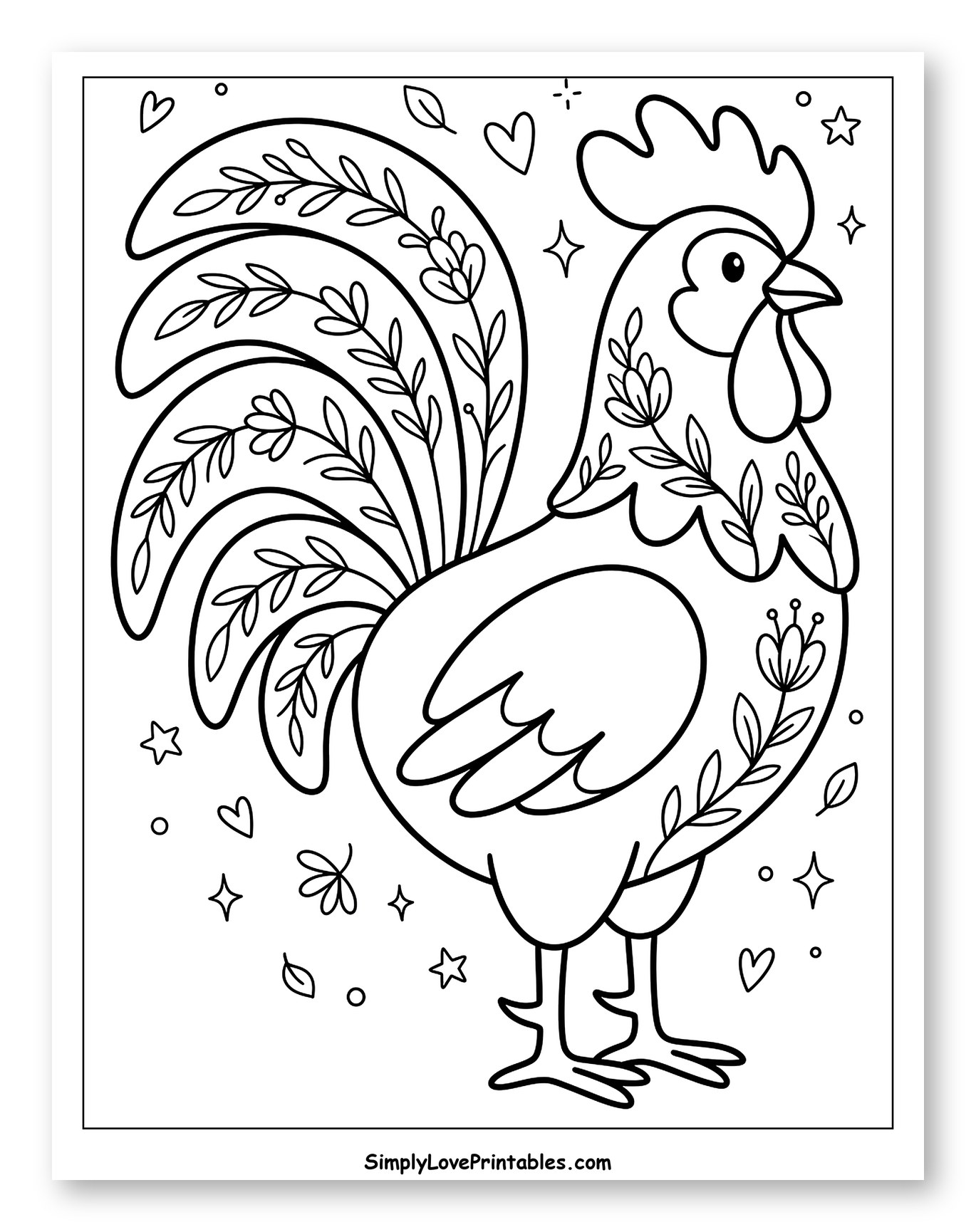 Folk Art Rooster with Detailed Floral Designs Coloring Sheet for Adults