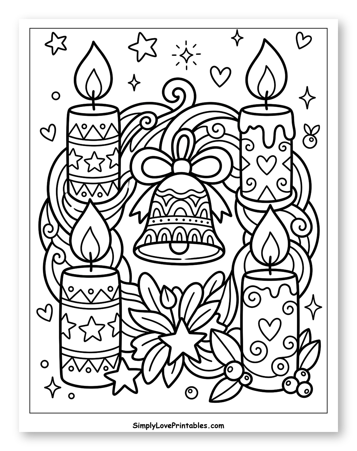 Four Advent Candles with Bell and Holly Coloring Sheet for Adults