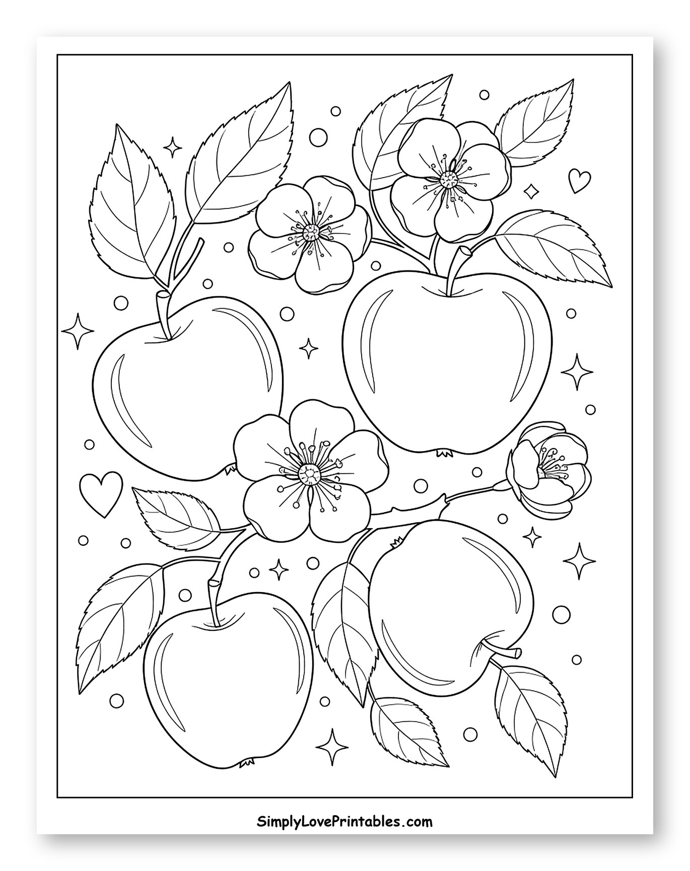 Four Apples with Apple Blossoms and Leaves Coloring Sheet for Adults