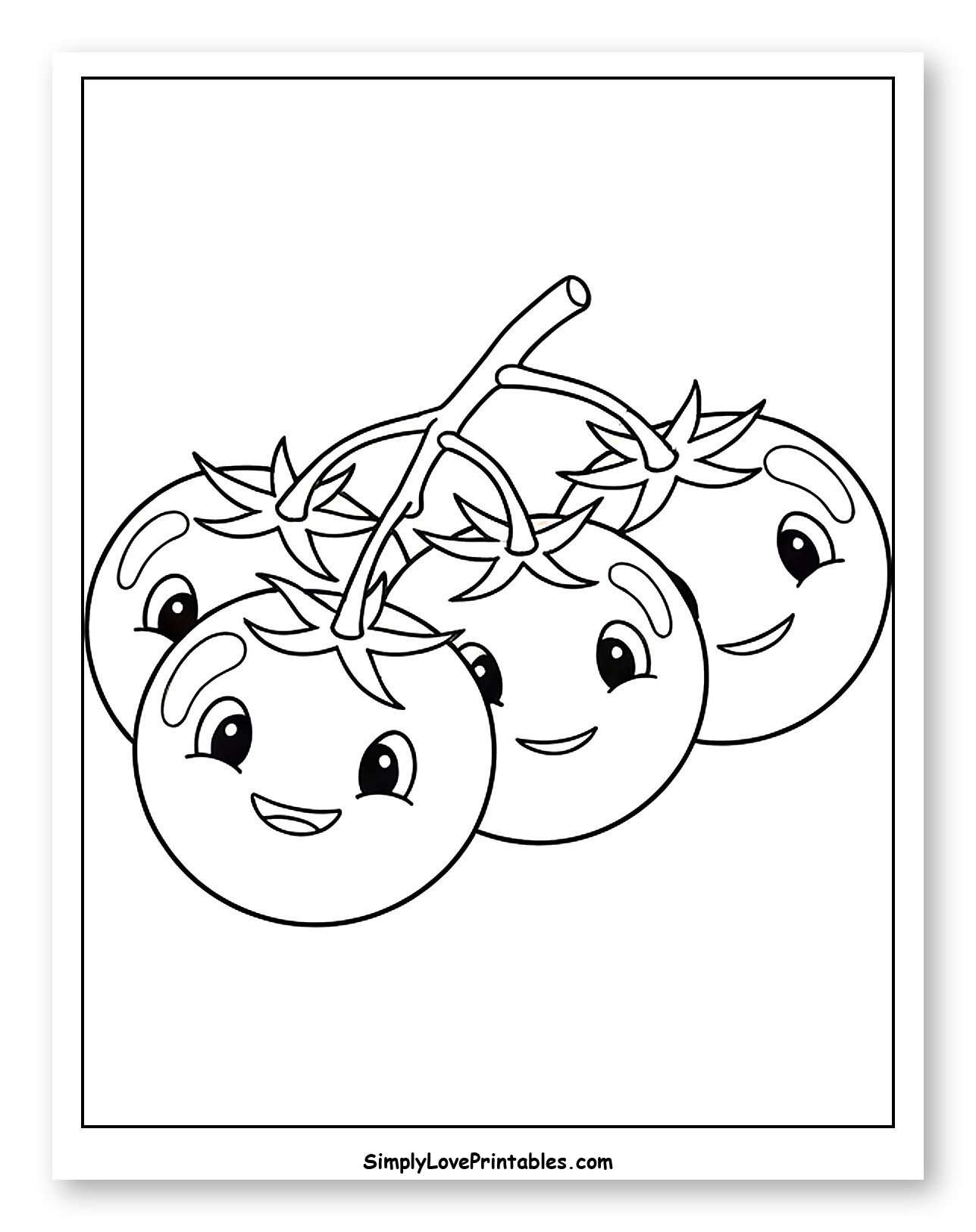 Four Cheerful Tomatoes on a Branch Coloring Sheet for Toddlers
