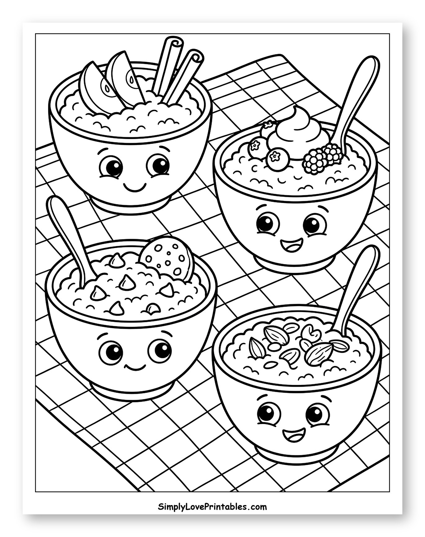 Four Cute Bowls of Rice Pudding to Color for Kids