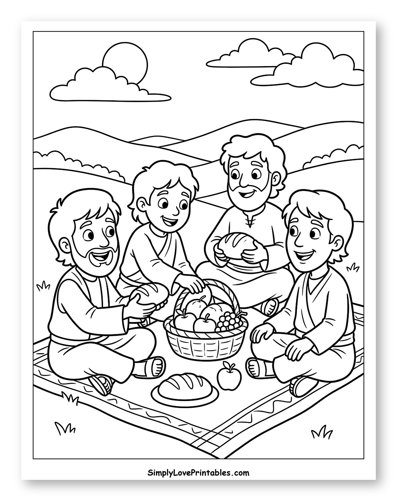 Four Disciples Sharing a Picnic Outdoors Coloring Sheet for Kids