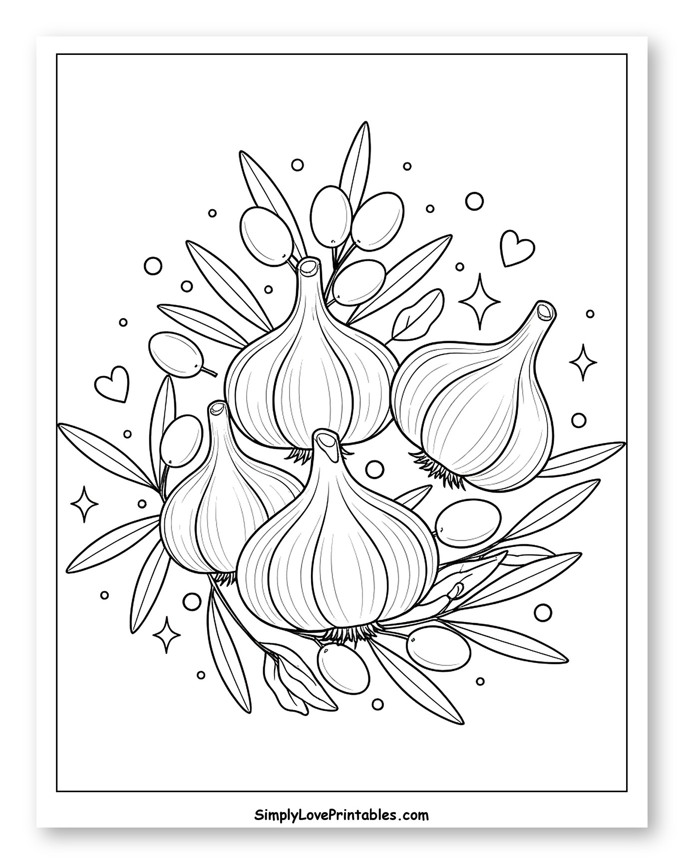 Four Garlic Bulbs and Olive Sprigs Coloring Sheet for Adults