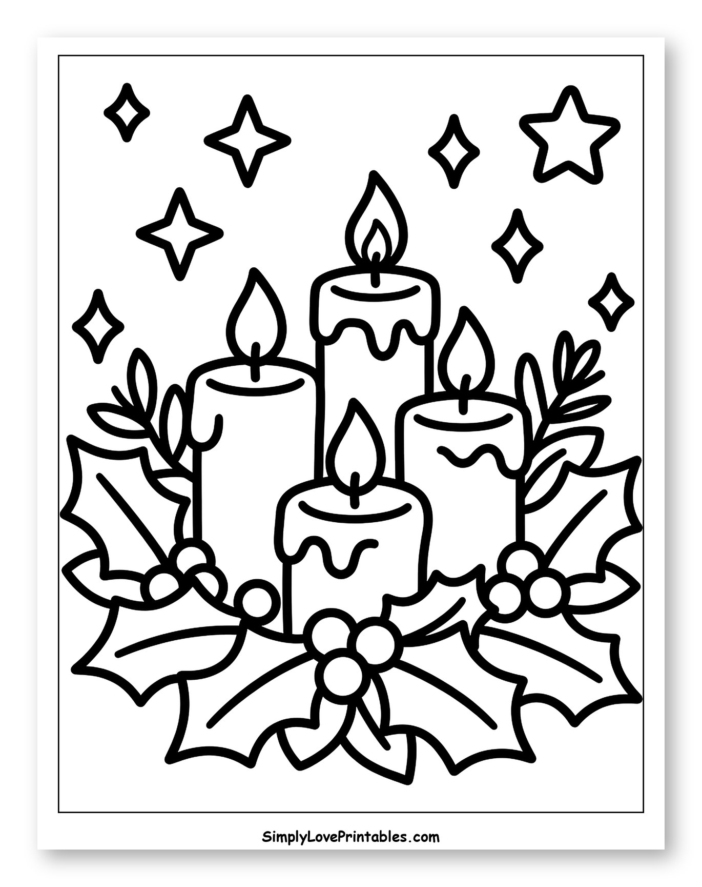 Four Lit Advent Candles with Holly to Color for Toddlers