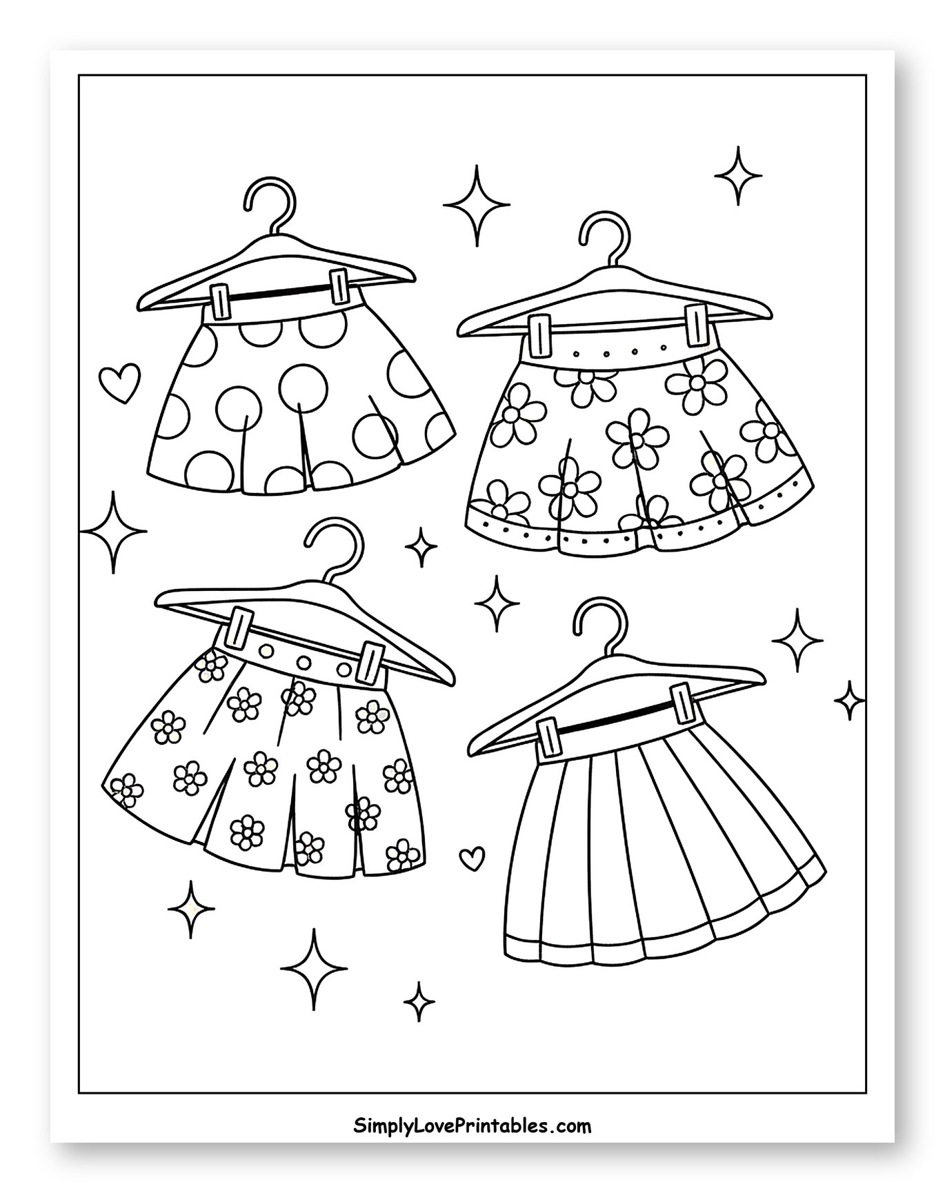 Four Skirts on Hangers with Different Patterns Coloring Page for Adults