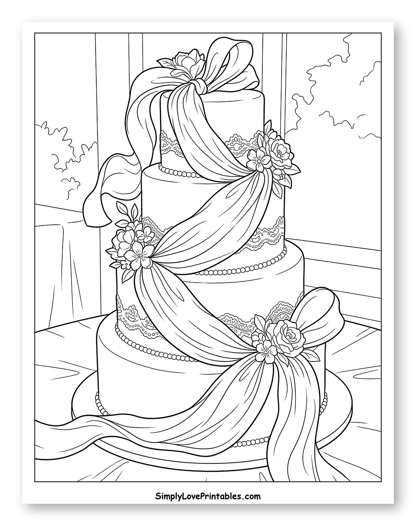 Four-Tier Wedding Cake with Ribbon and Flowers