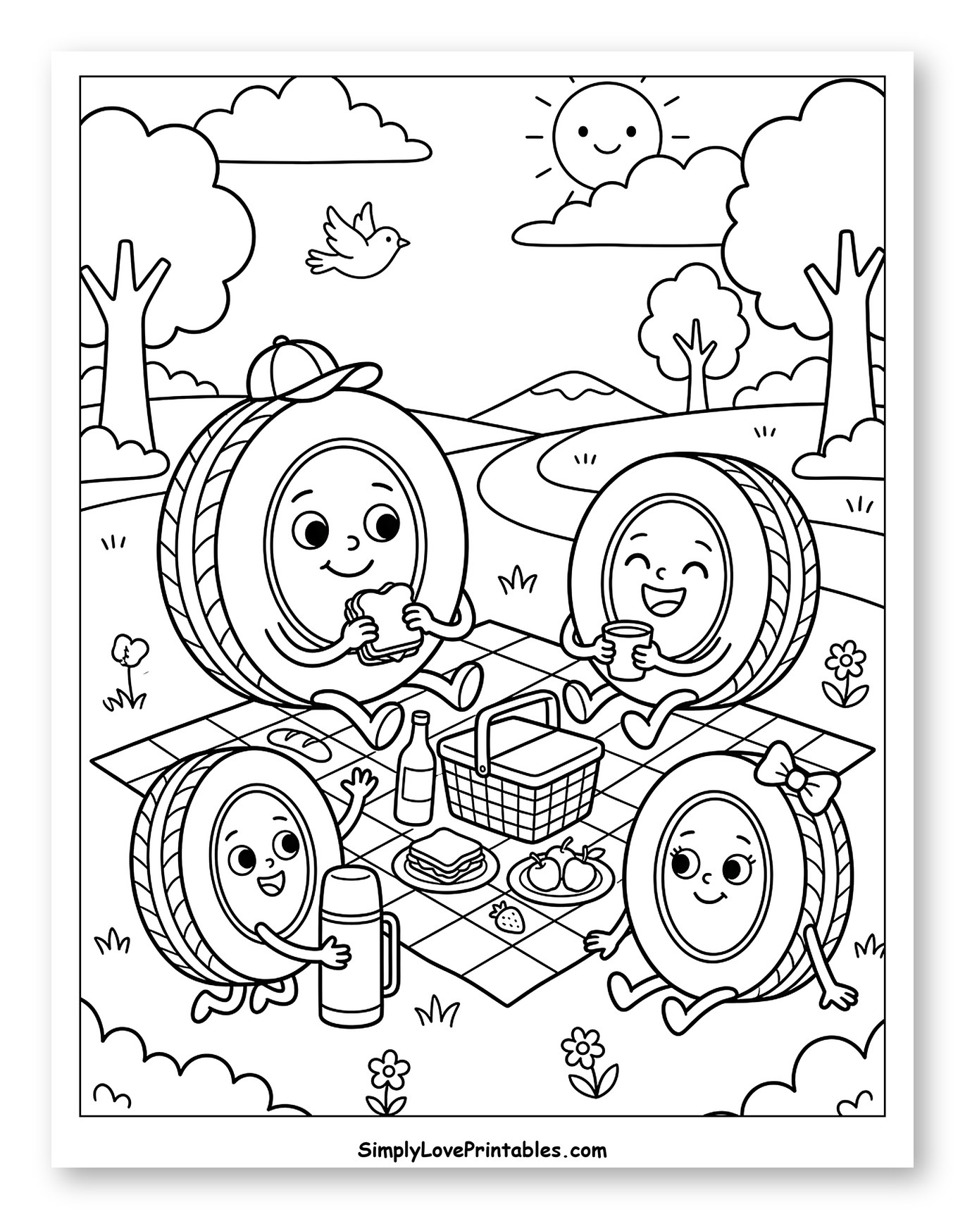 Four Tires Having a Picnic Outdoors to Color for Kids