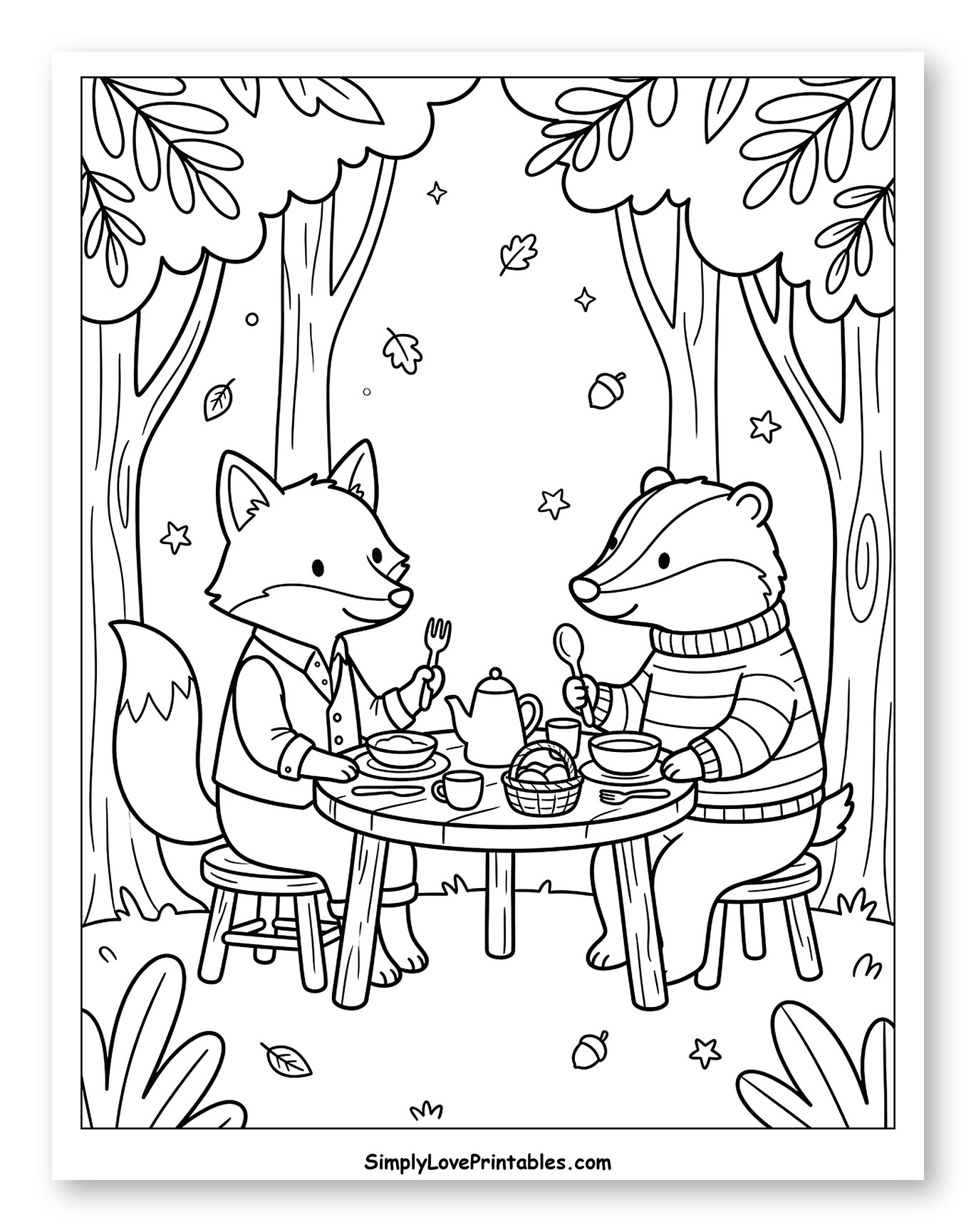 Fox and Badger Having Forest Tea Party Coloring Sheet for Adults