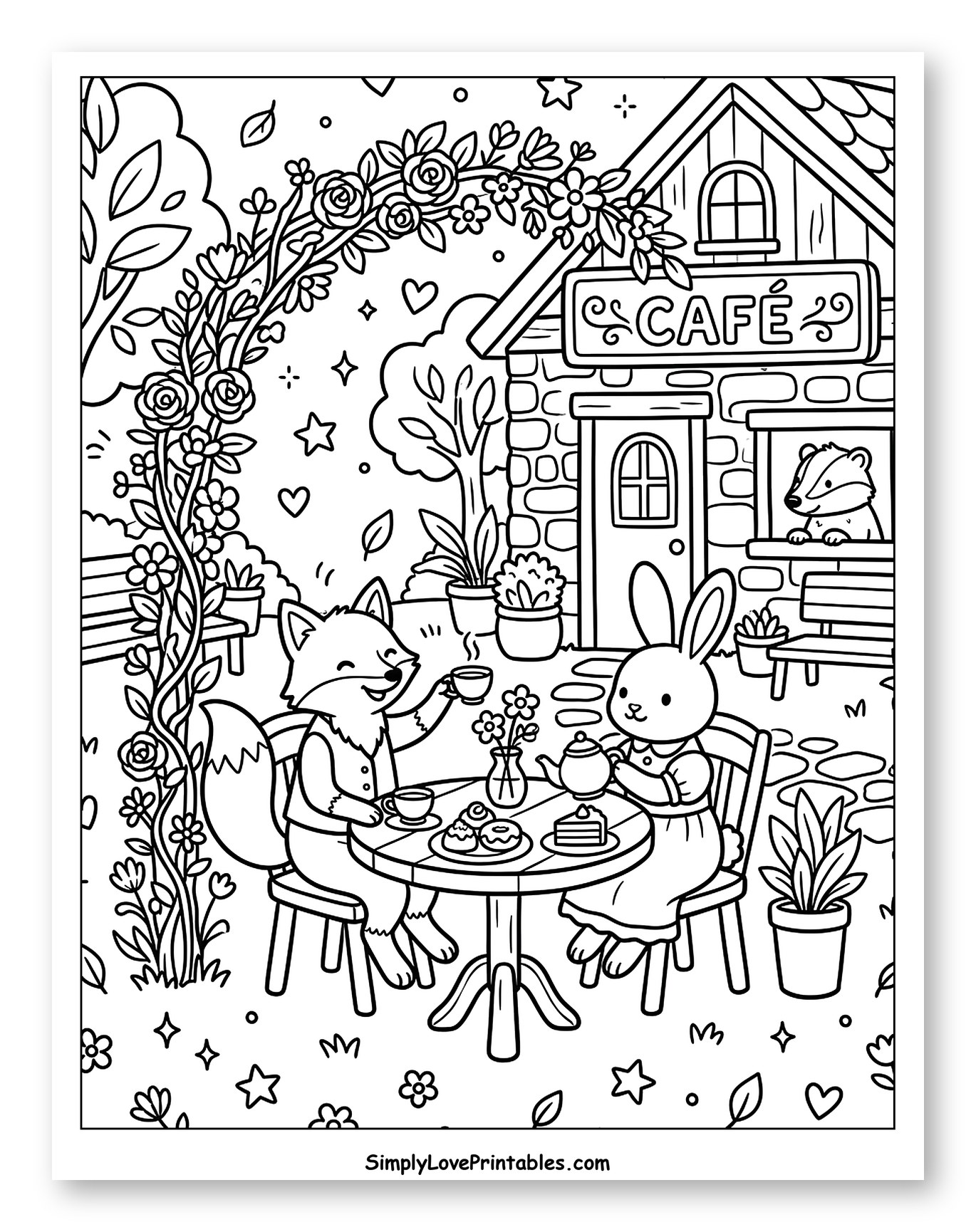 Fox and Rabbit Having Tea at Cafe Coloring Sheet for Adults