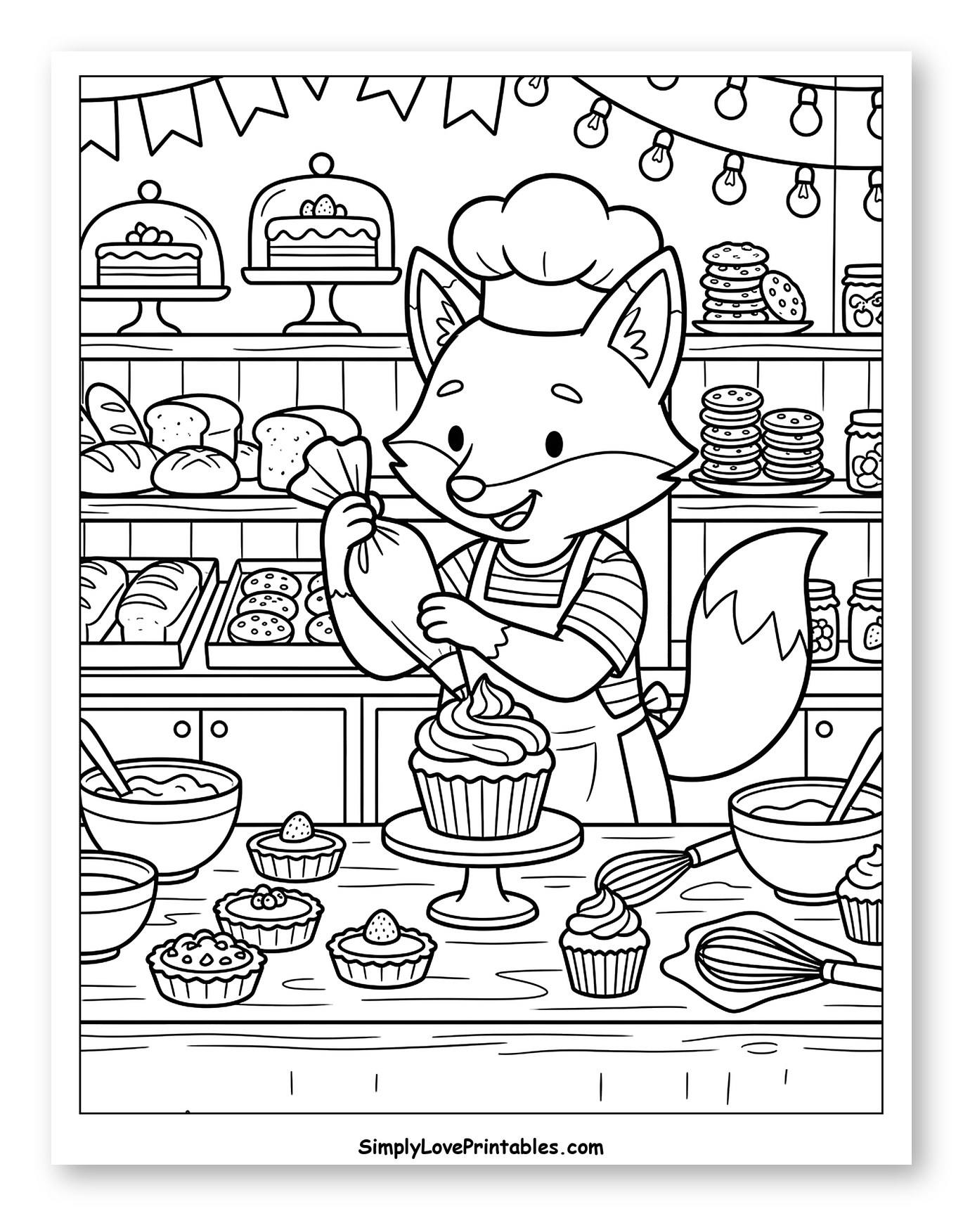 Fox Chef Decorating Cupcakes in a Bakery