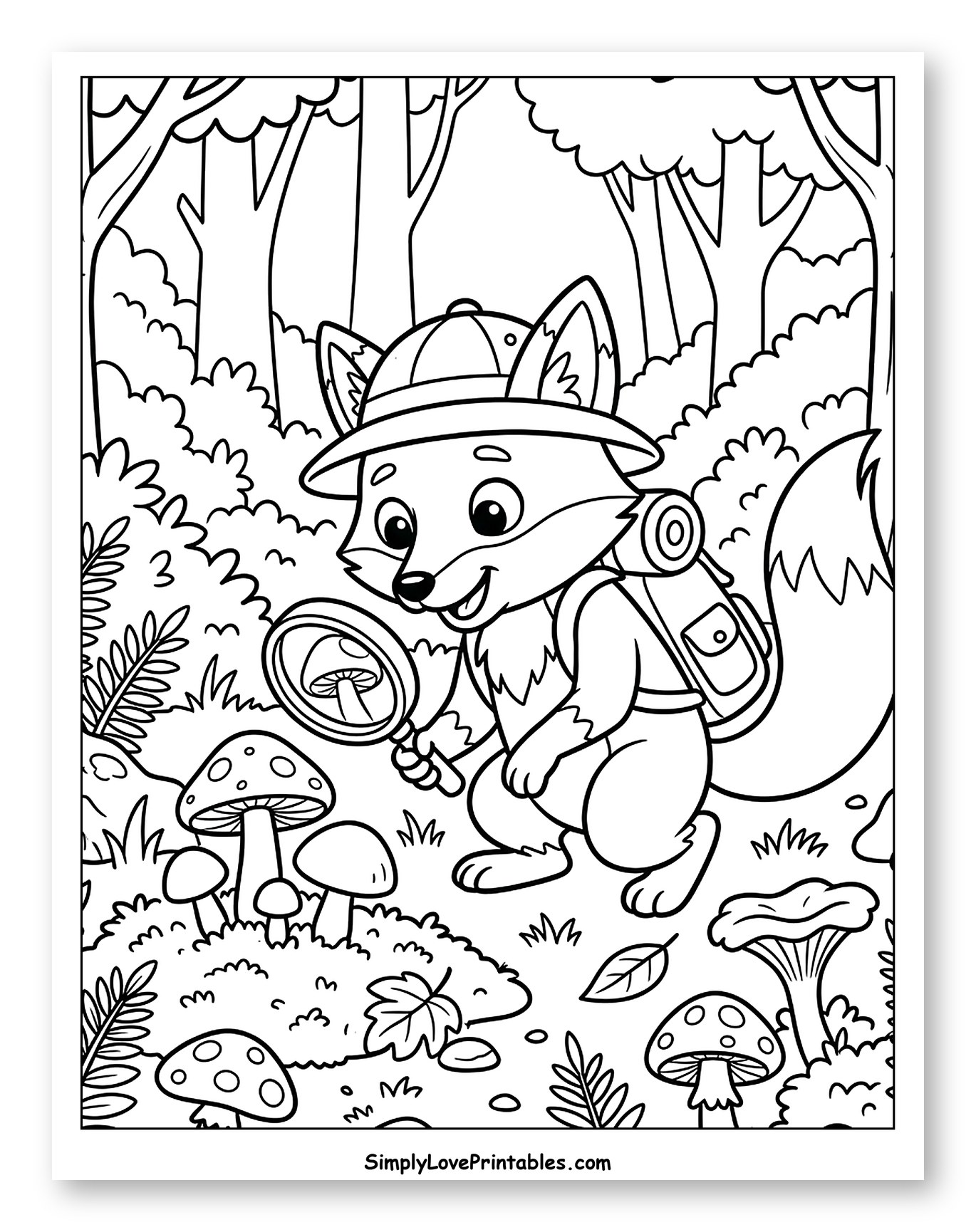 Fox Explorer Examining Mushrooms in Forest Coloring Sheet for Kids