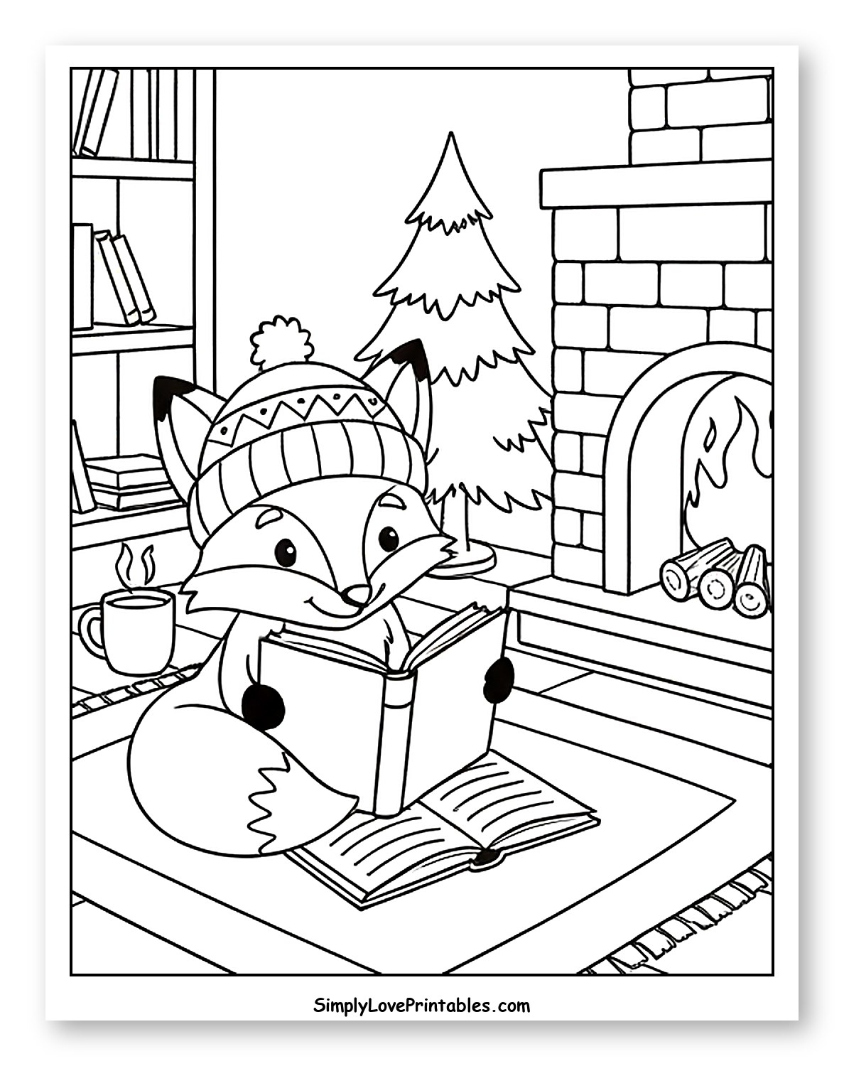 Fox in Winter Hat Reading by Fireplace