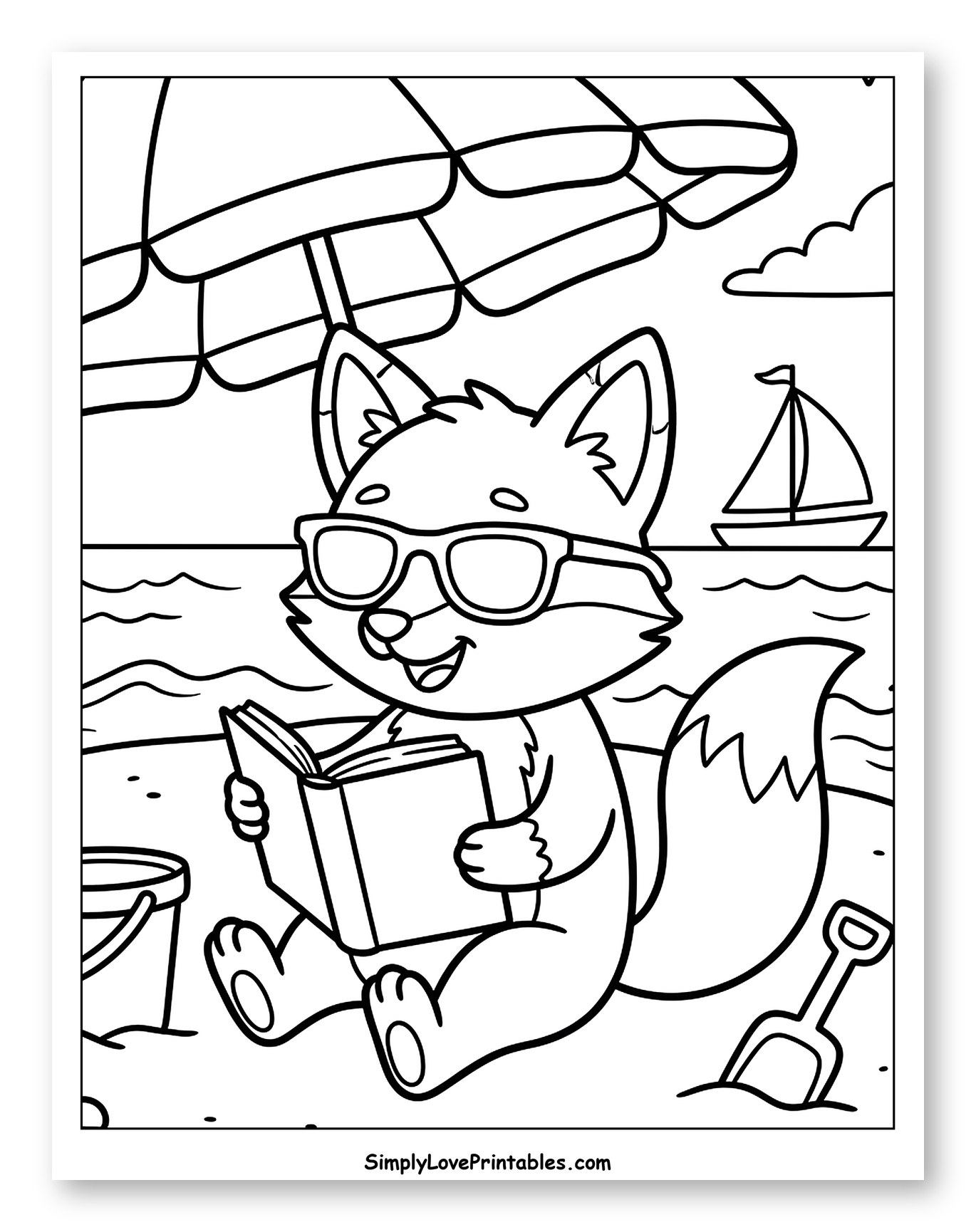 Fox Reading Book on Sandy Beach to Color for Kids