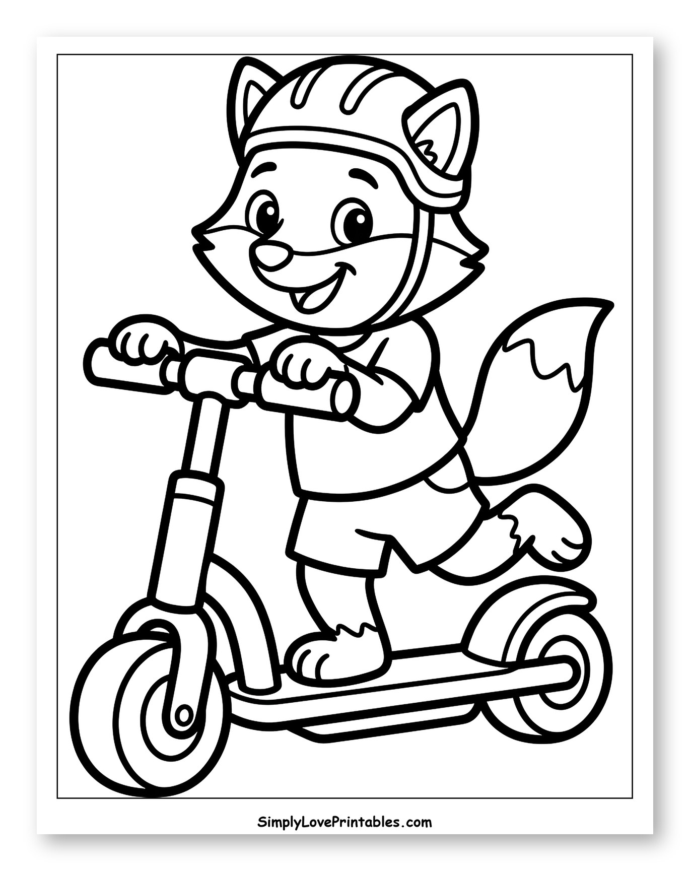 Fox Riding a Scooter with a Helmet Coloring Sheet for Toddlers