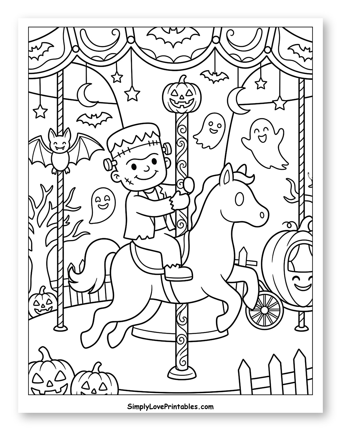 Frankenstein Boy on Carousel Horse with Halloween Decor