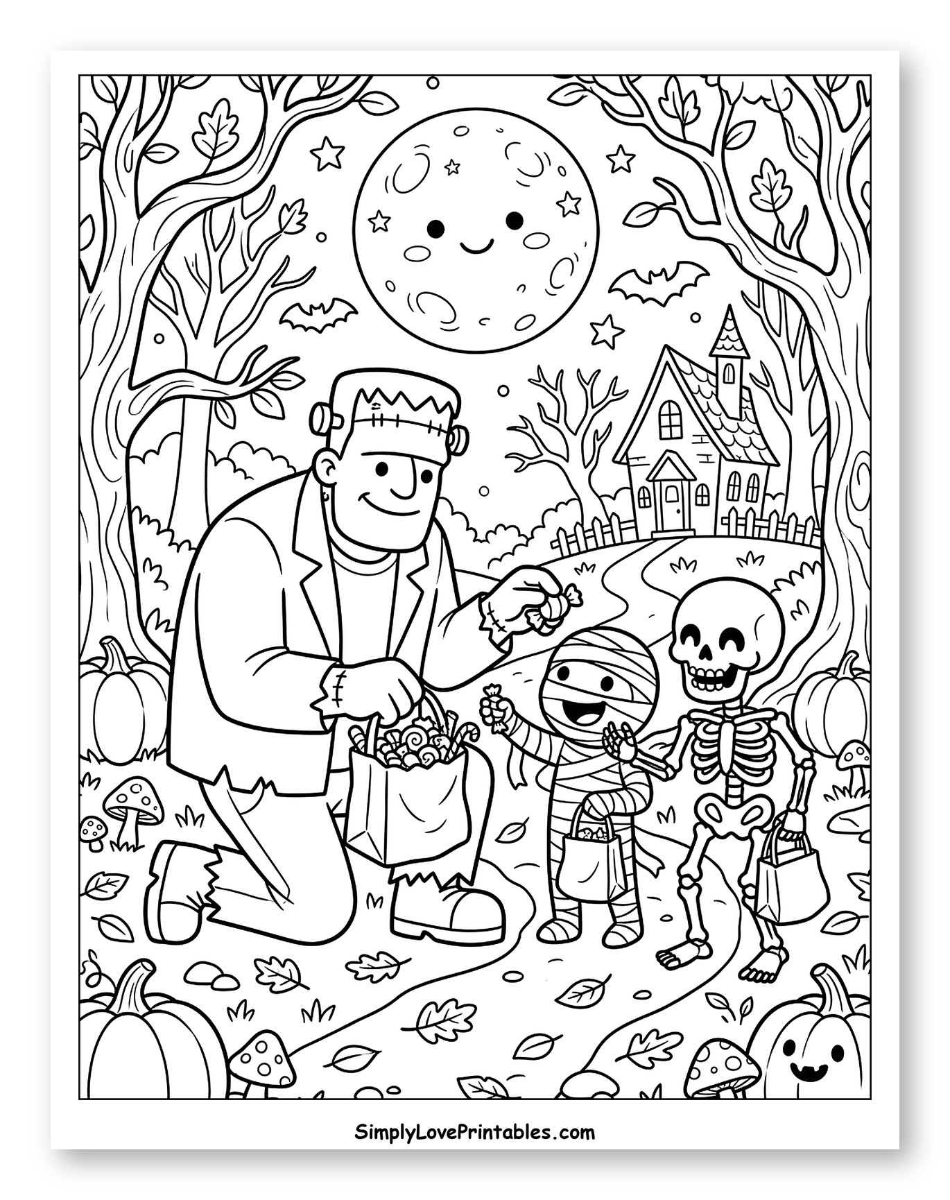 Frankenstein Giving Candy to Mummy and Skeleton