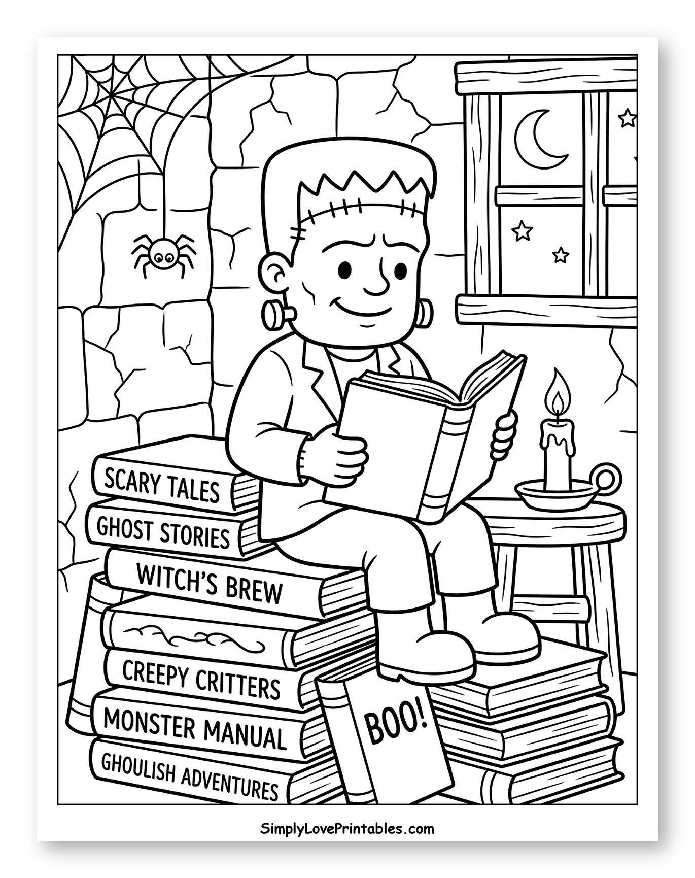 Frankenstein Monster Reading Spooky Books by Moonlight