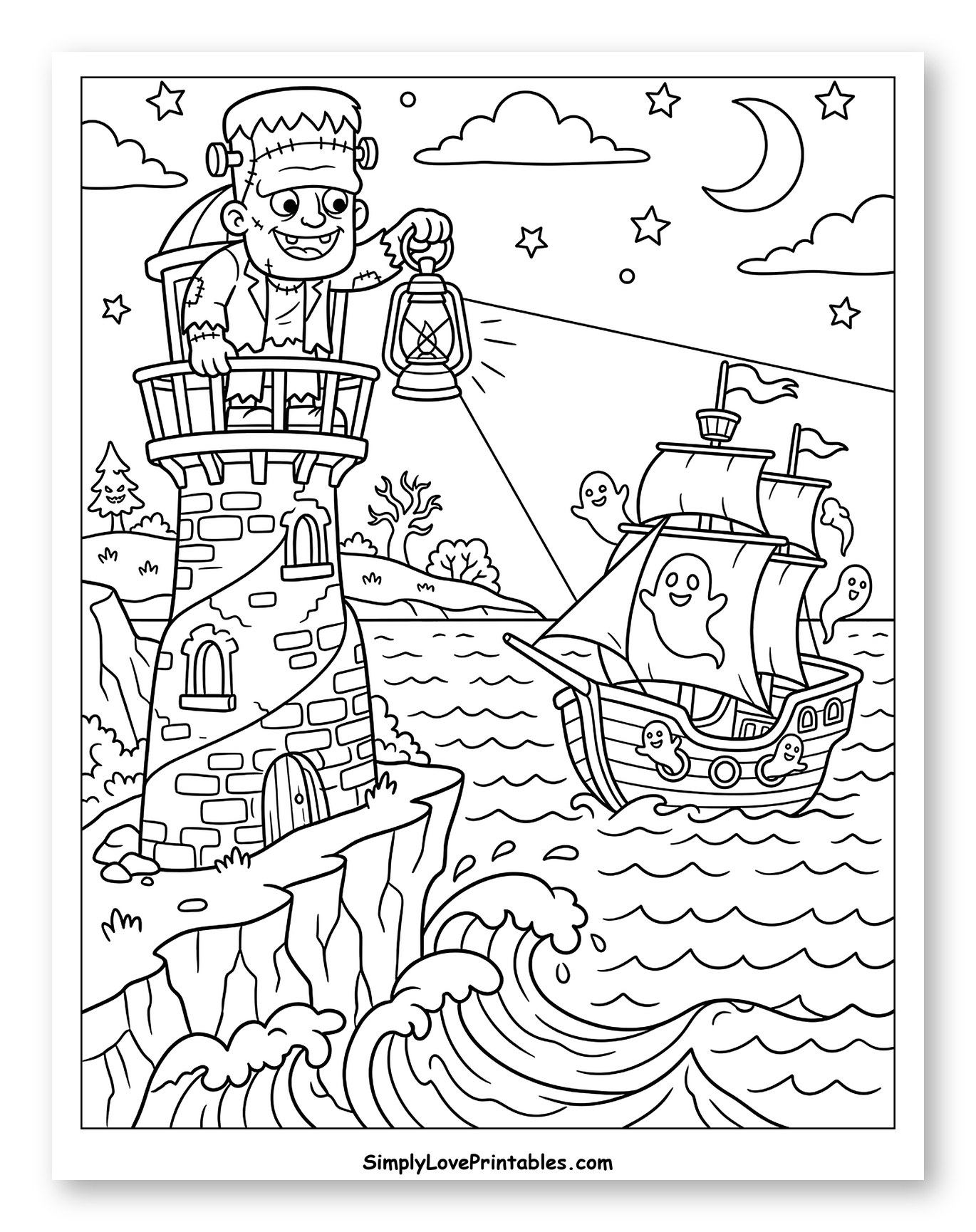 Frankenstein's Monster Guiding Ghost Ship with Lantern