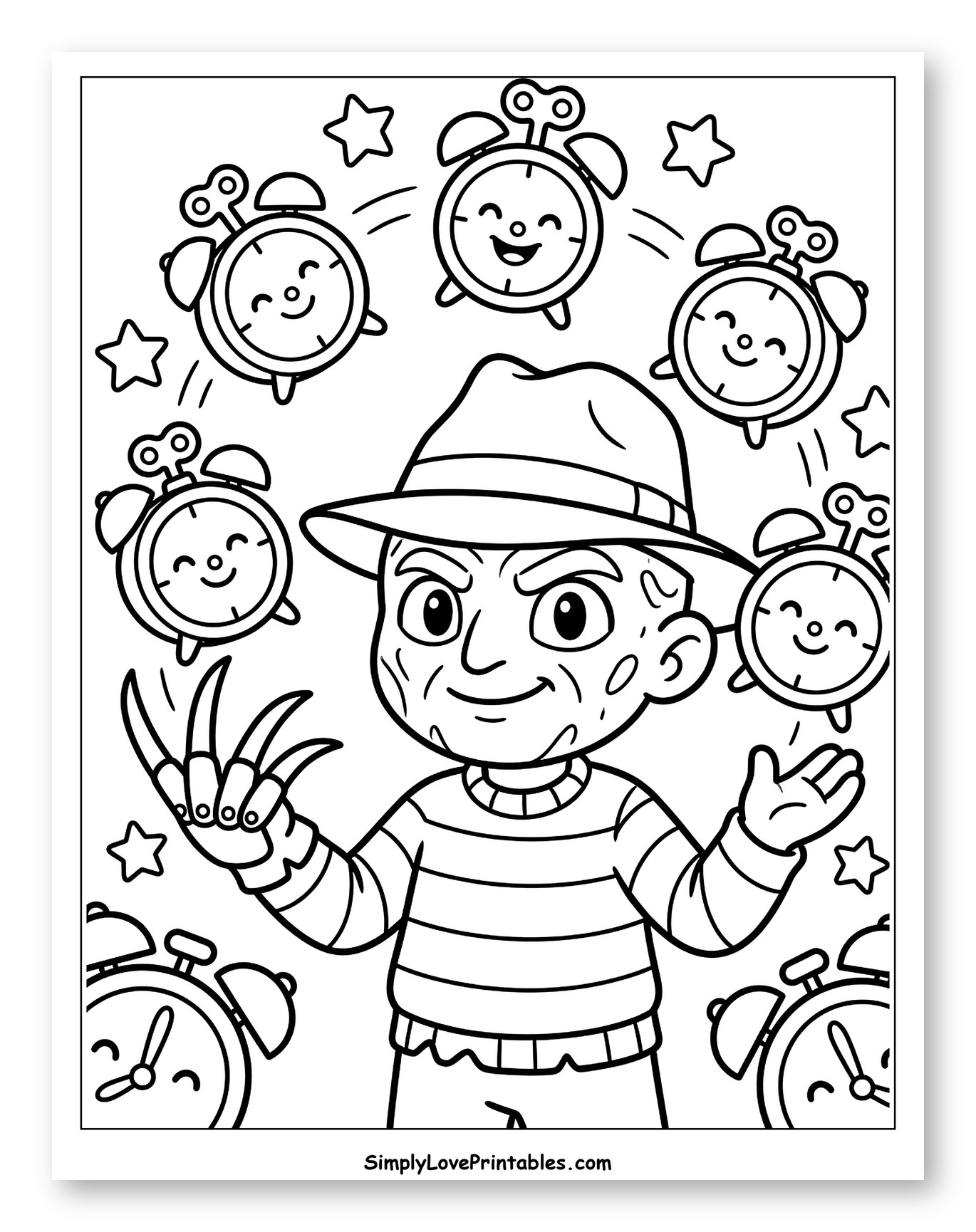Freddy Krueger Juggling Smiling Alarm Clocks Coloring Sheet for Kids