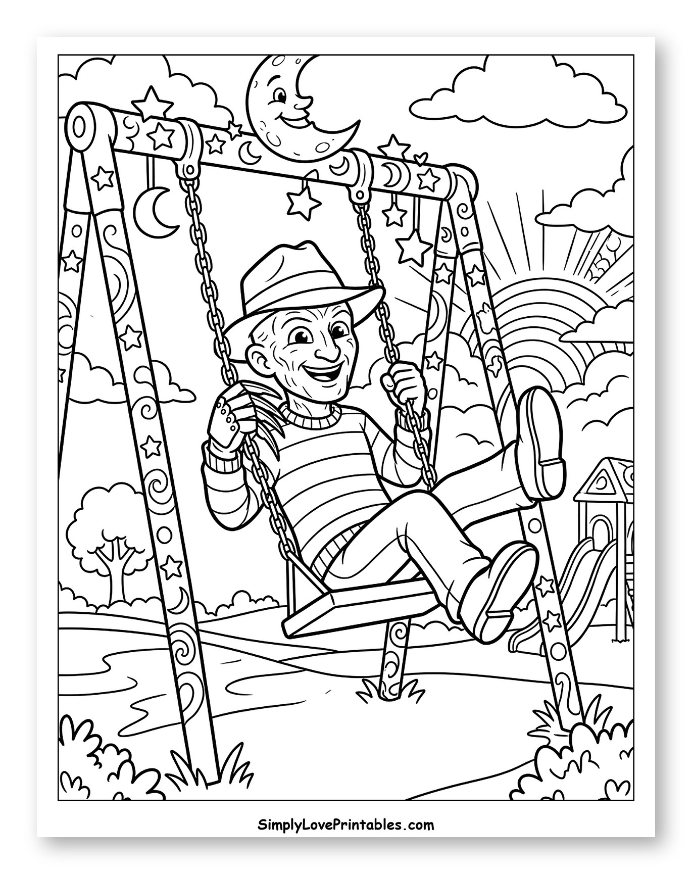 Freddy Krueger Swinging Happily in a Whimsical Park