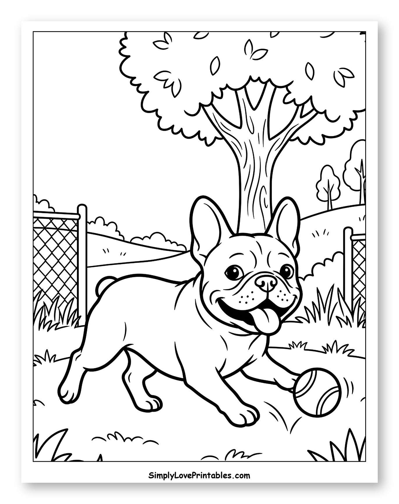 French Bulldog Chasing Ball at Dog Park Coloring Page for Kids