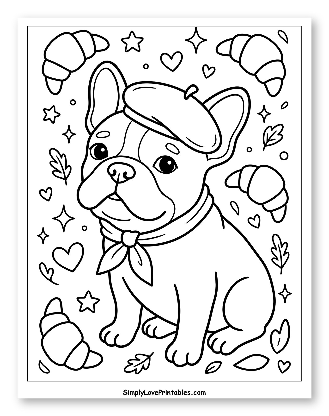 French Bulldog in Beret Surrounded by Croissants Coloring Sheet for Adults