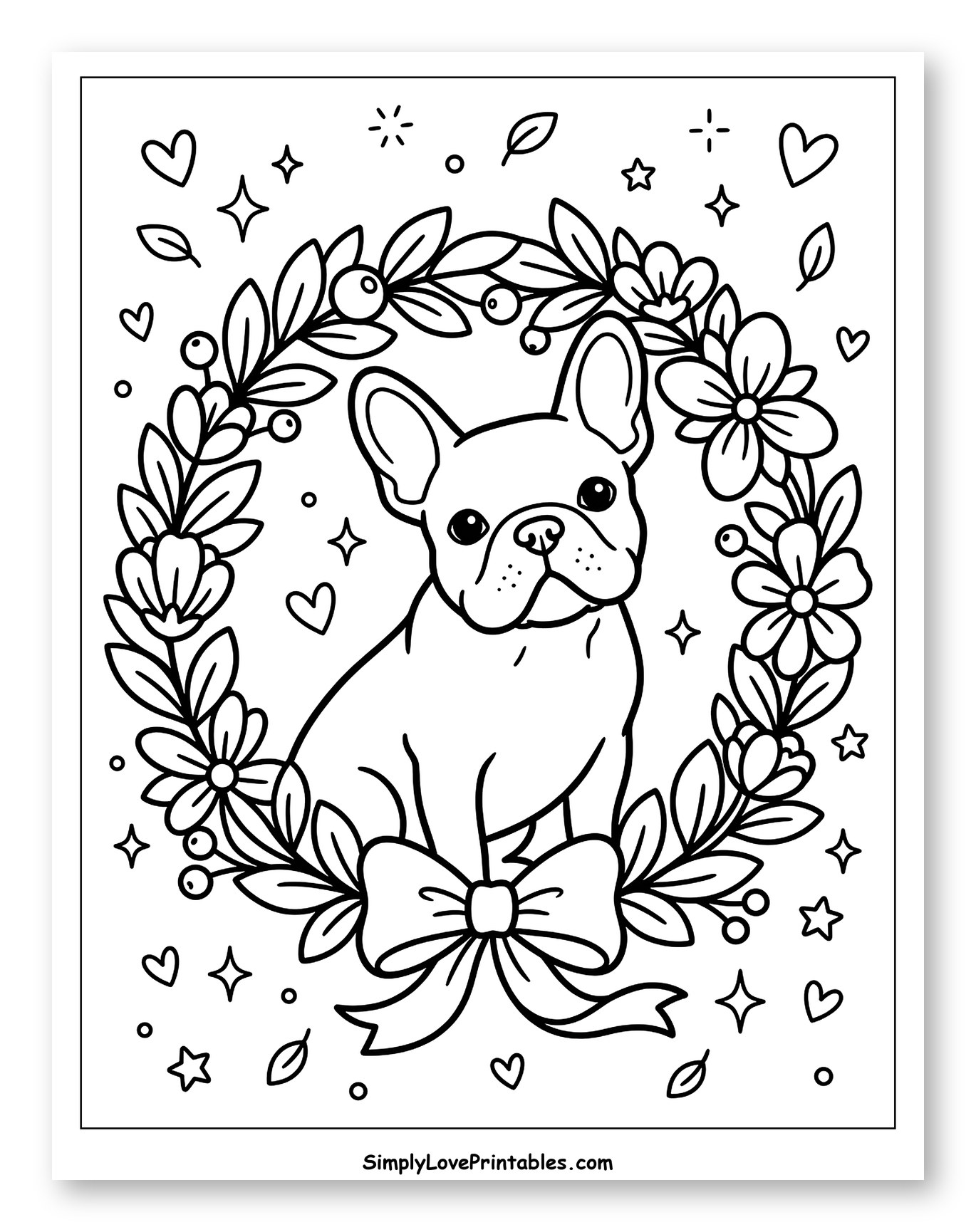 French Bulldog in Floral Wreath with Bow
