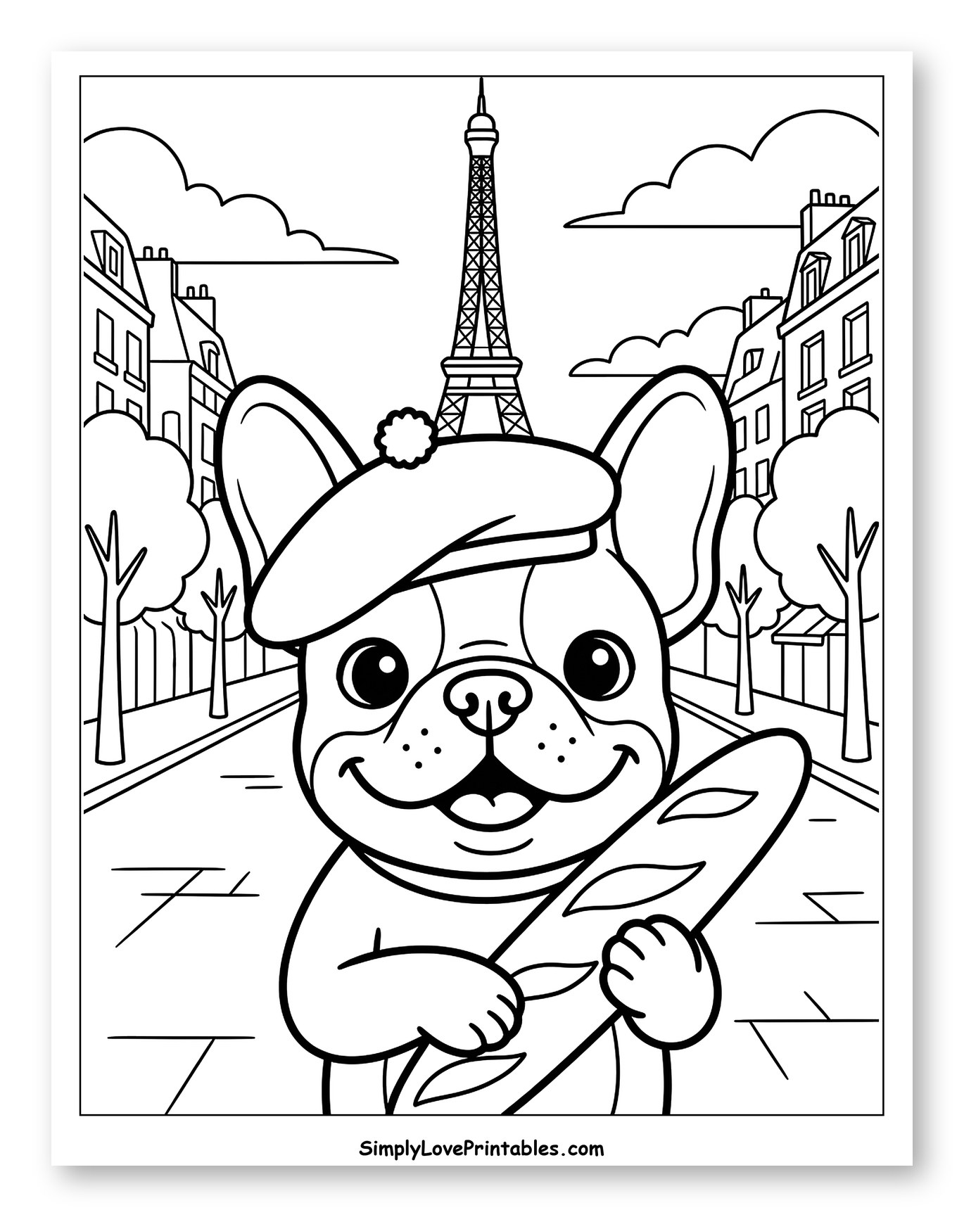 French Bulldog in Paris with Baguette