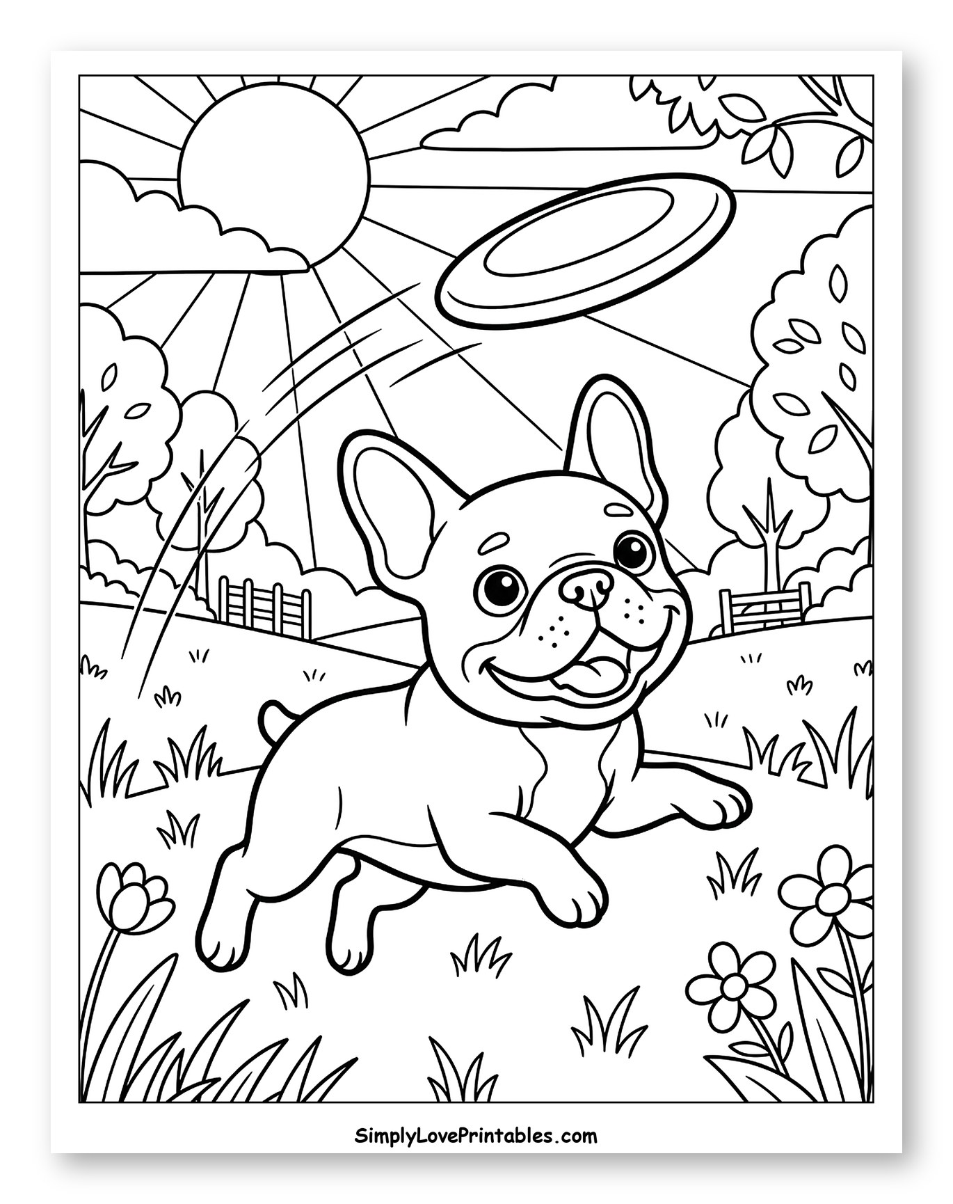 French Bulldog Playing with a Frisbee in the Park Coloring Page for Kids