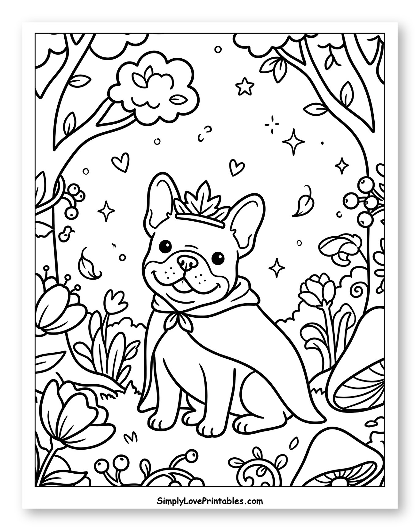 French Bulldog Prince in a Magical Forest Coloring Page for Adults
