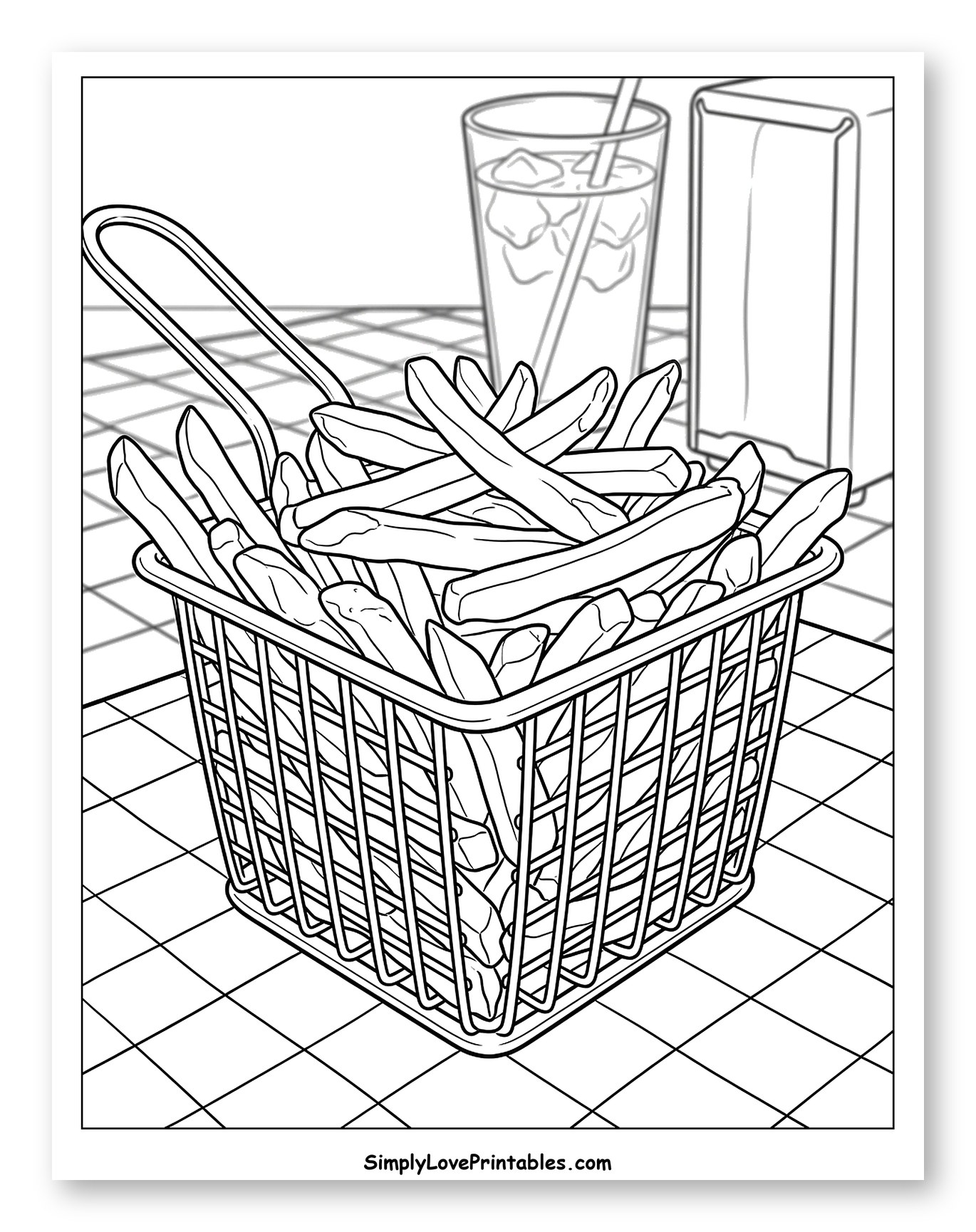 French Fries Basket with Drink and Napkins Coloring Sheet