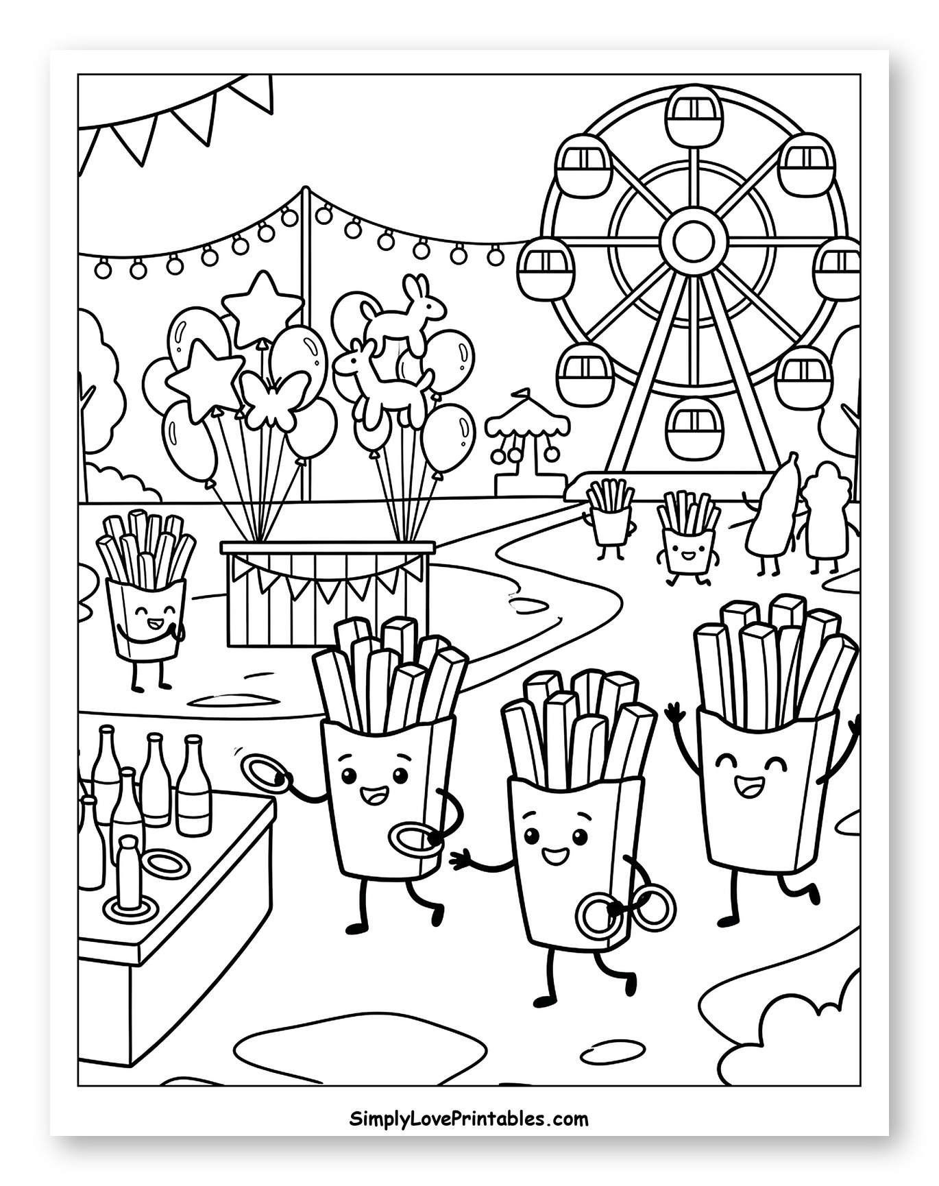 French Fries Friends Enjoying a Fair Coloring Sheet for Kids