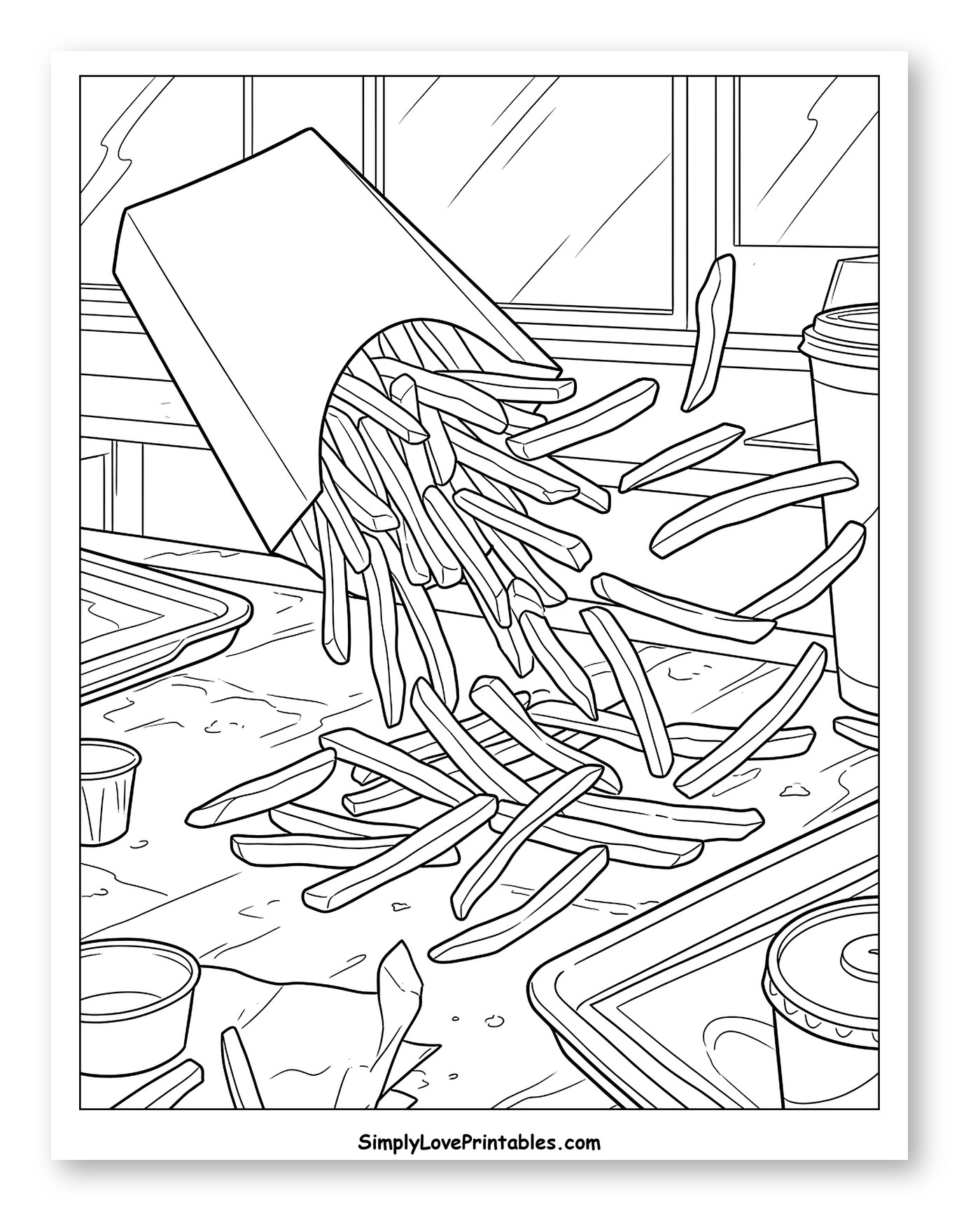French Fries Spilling from a Carton Coloring Page