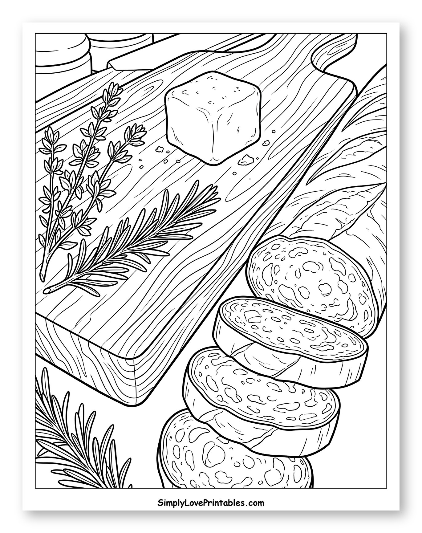 Fresh Butter, Sliced Bread, and Aromatic Herbs Coloring Page