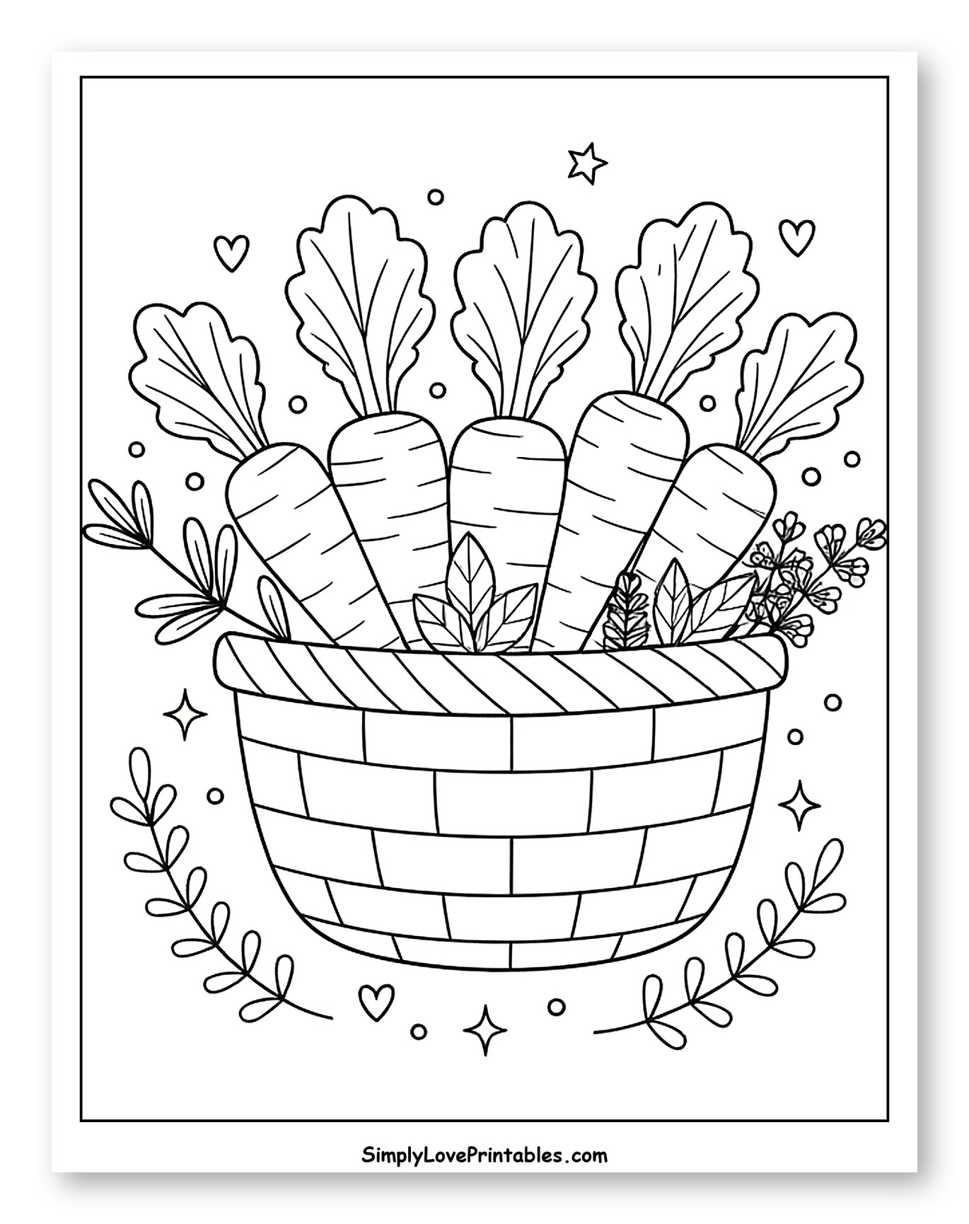 Fresh Carrots in a Woven Basket Coloring Sheet for Adults
