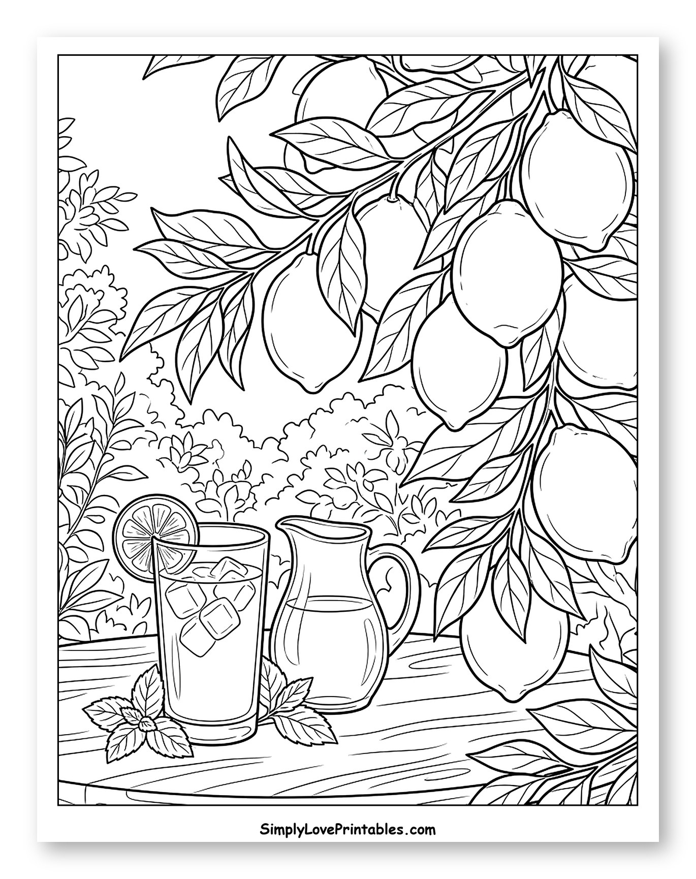 Fresh Lemonade and Lemons on a Table Coloring Sheet