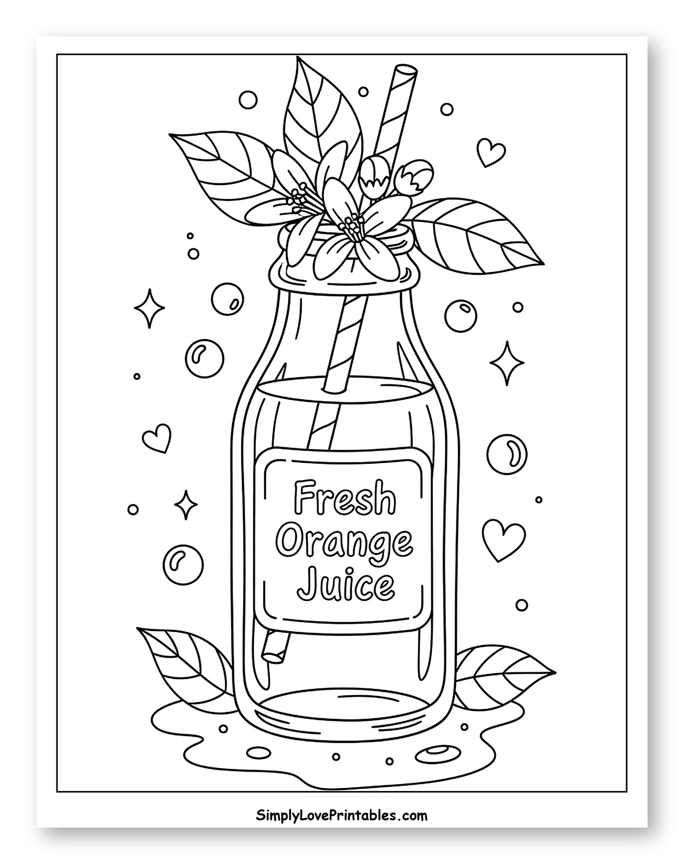Fresh Orange Juice Bottle with Flowers and Straw Coloring Sheet for Adults