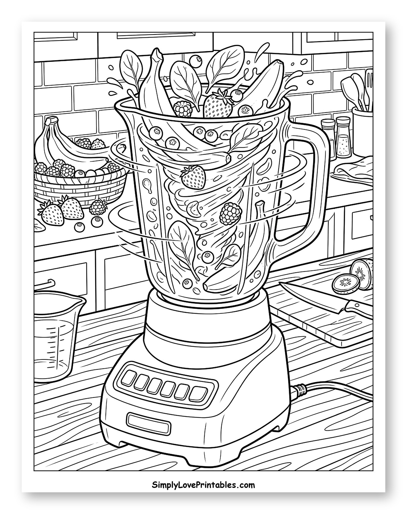 Fresh Smoothie Ingredients Blending in Kitchen Coloring Page